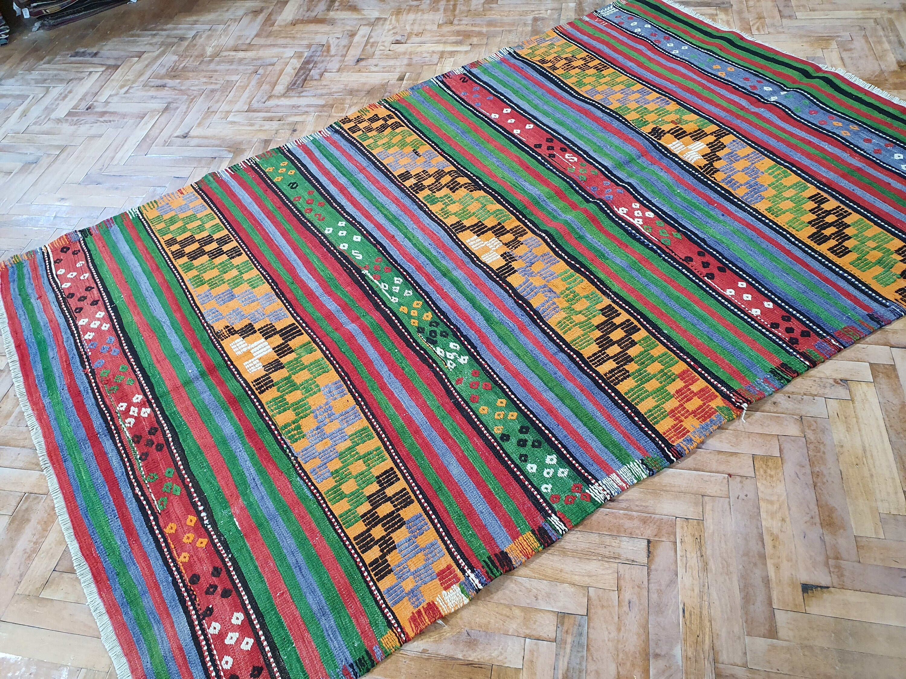 Vintage Decor Persian Area Kilim Living Room, Moroccan Style Handwoven Wool Rug, Bohemian Decor Rustic Rug, Colorful Turkish Rug 7'9''x'5'ft