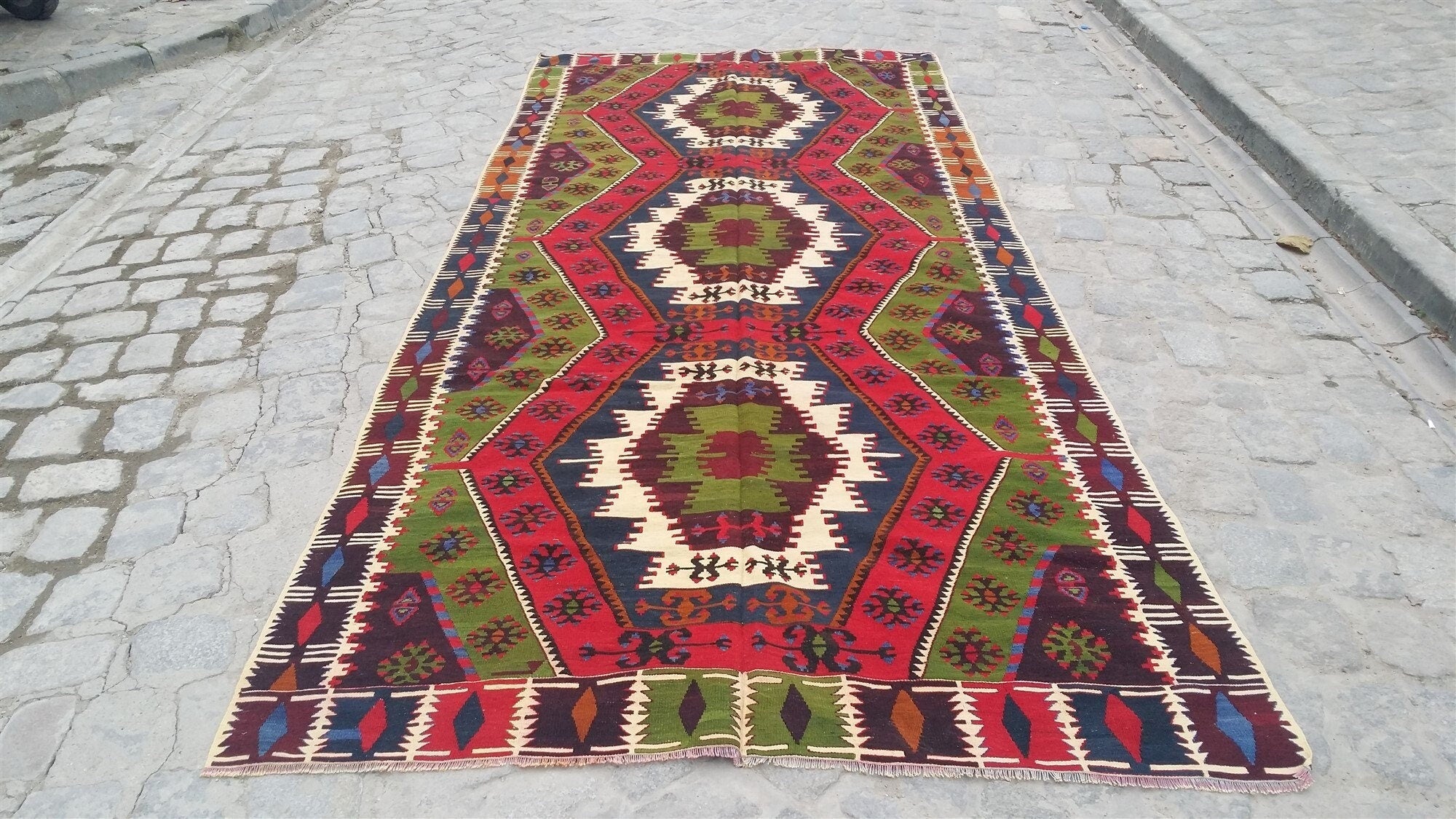 Nidge Turkish Kilim Rug, 12 x 5 ft Red Green White Handmade Natural Wool Vintage Rug, Boho Rustic AnatolianHome Decor  Persian Area Rug