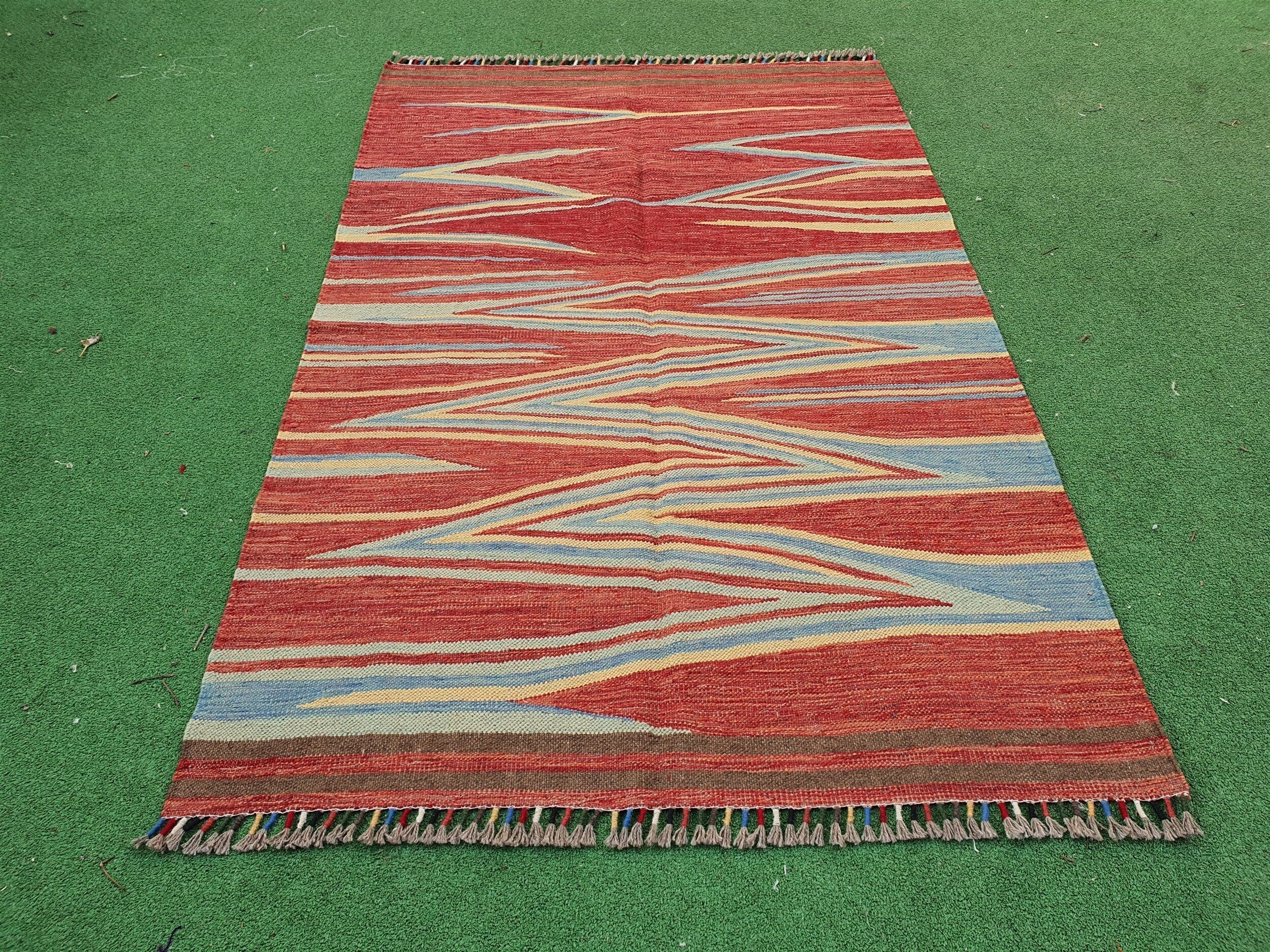 Oushak Vintage Kilim Rug, 5 x 3 ft Blue Red Beige Turkish Boho Retro Floor Rug for Living Room Kitchen Bedroom Persian Moroccan Home Decor