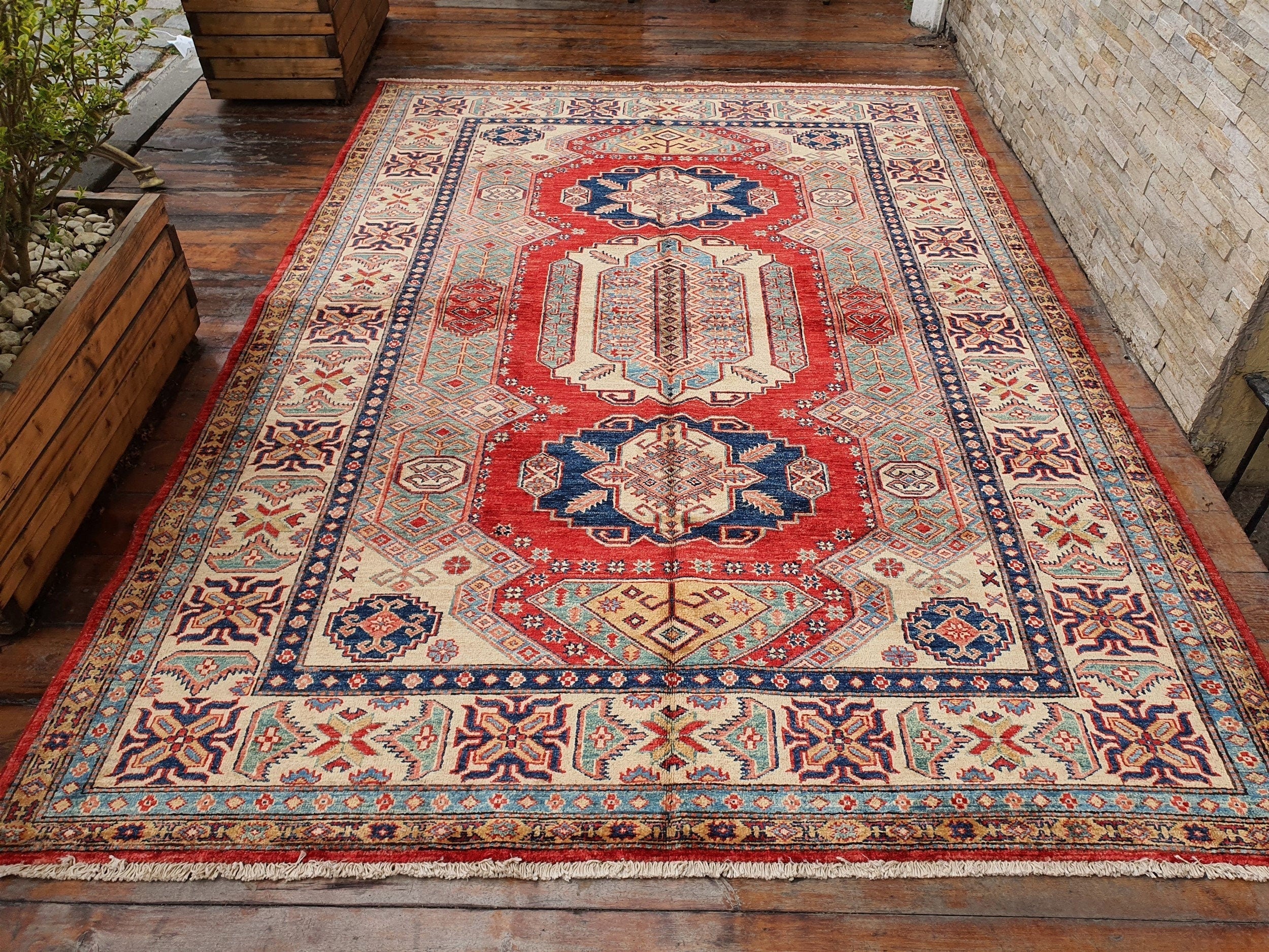 vintage Caucasian Wool Large Area Rug — back view