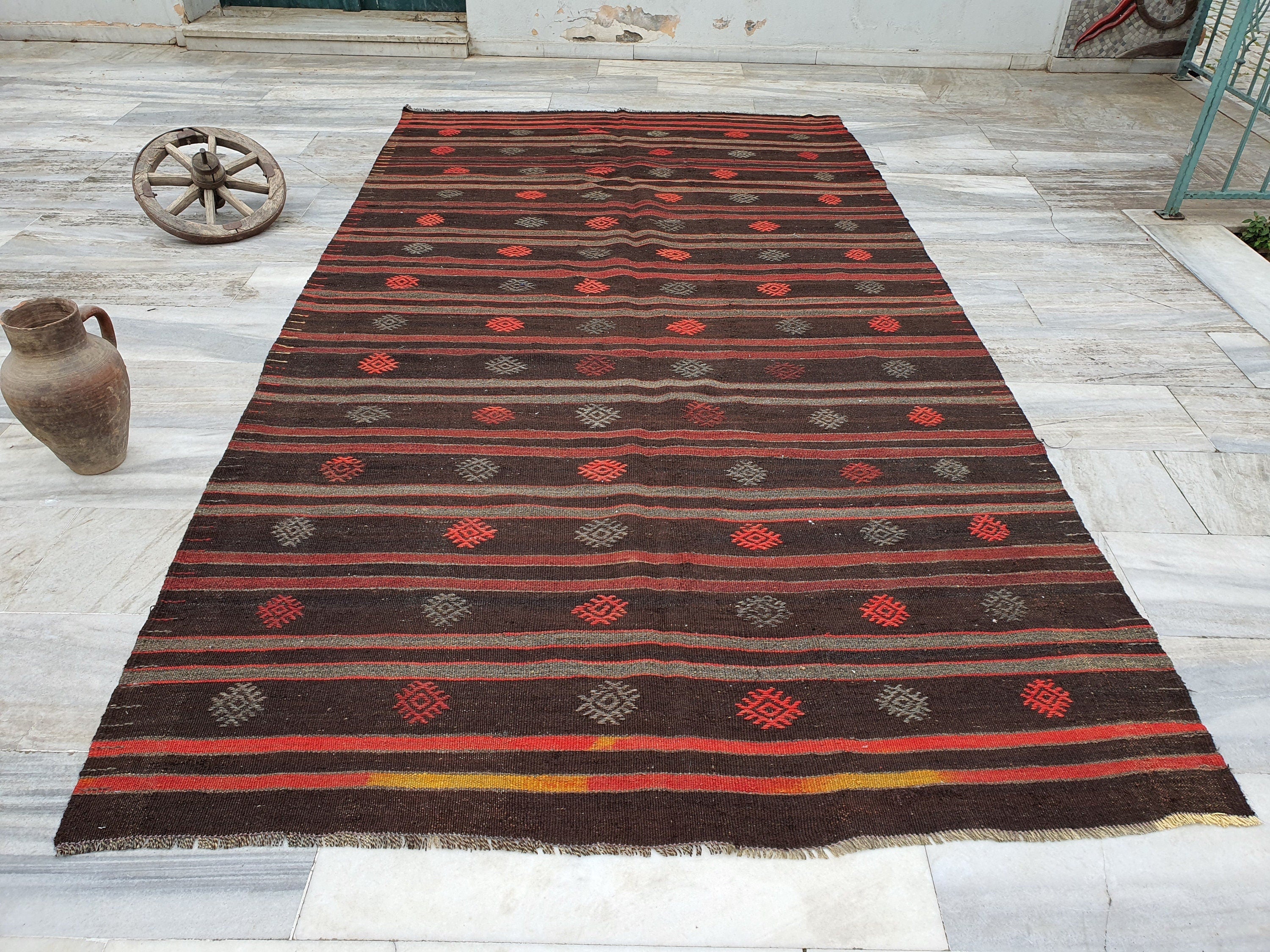 Turkish Kilim Floor Rug 11 x 6 ft X Long Brown and Orange Striped Embroidered Cicim for Lounge Kitchen Bedroom, Boho Rustic Persian Area Rug