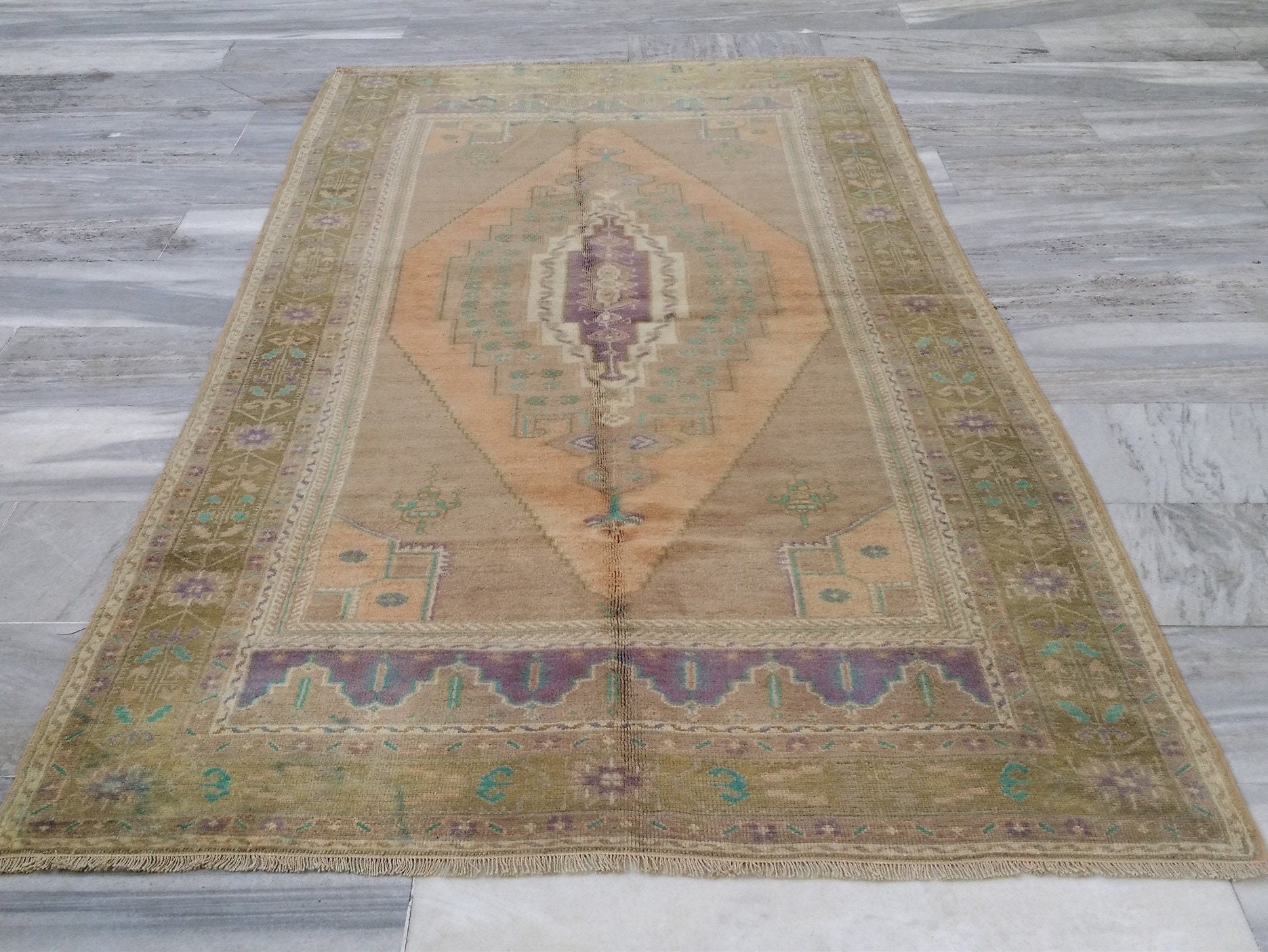 Turkish Oushak Rug, Pink and Grey Rug, Vintage Tribal Nomadic Distressed Muted Color Rug, Handmade Natural Wool Persian Area Rug  9'4"x4'9