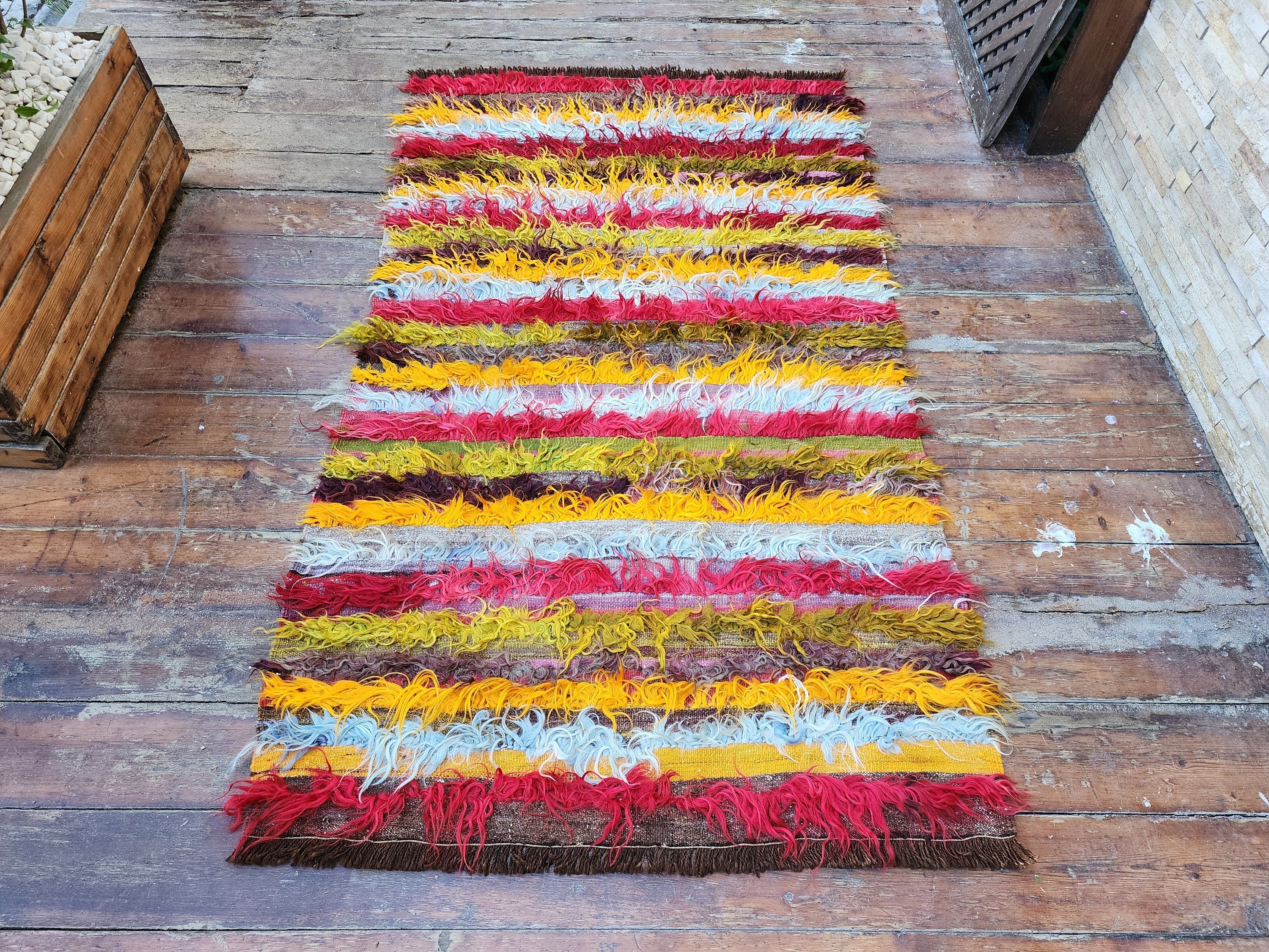Turkish Filikli Kilim Rug, 5 ft 9 in x 3 ft 5 in, Orange, Blue, Red and Green Tulu Shaggy Rug