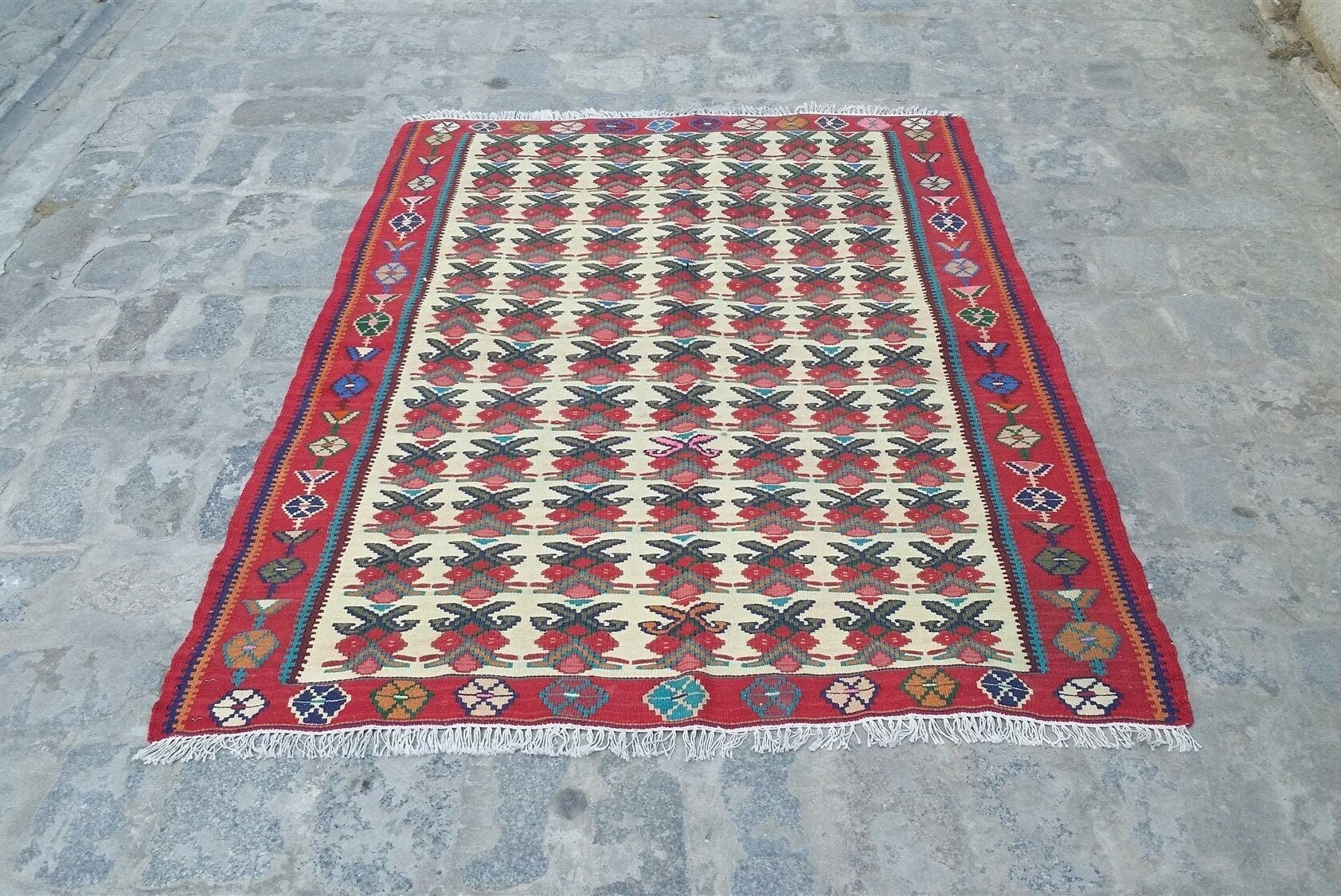 Persian Senneh Kilim Rug,  5 ft 2 in x 3 ft 8 in,  Fine Wool Sine Turkish Rug