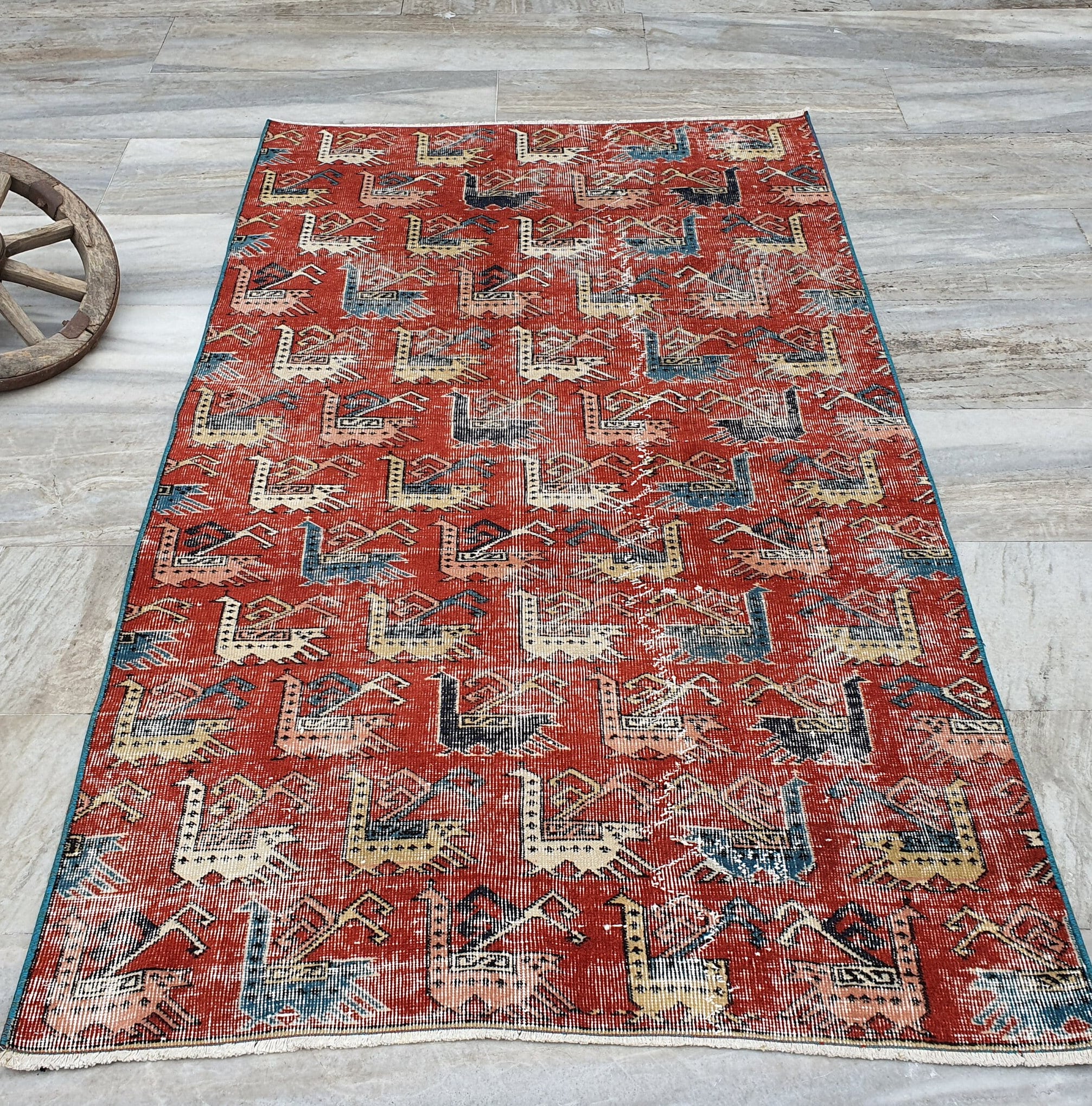 Turkish Area Rug for the Living Room, Vintage Tribal Nomadic Rustic Decor, Handmade Organic Wool Bohemian Moroccan Style Rug  6'3''x3'7"