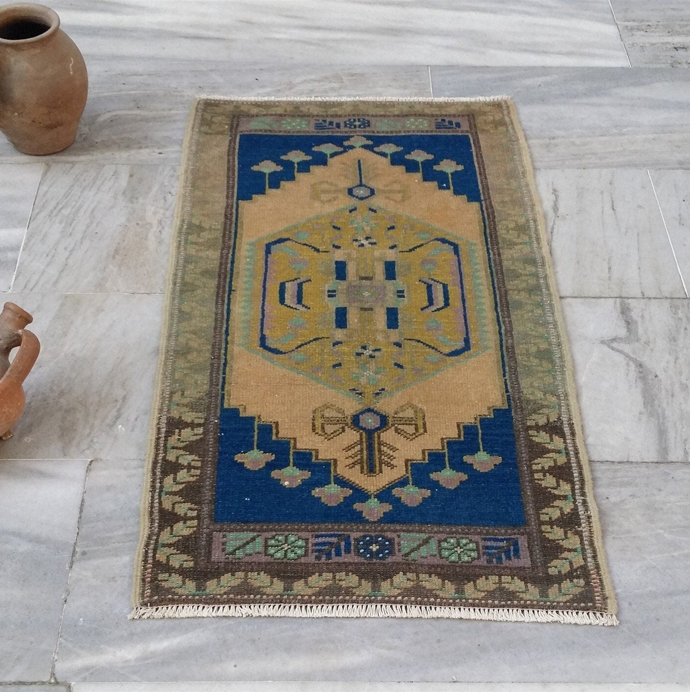 Vintage Turkish Small Rug, 3 ft 2 in x 1 ft 9 in, Pink, Green/Grey and Beige Faded Distressed Antique Style Mat