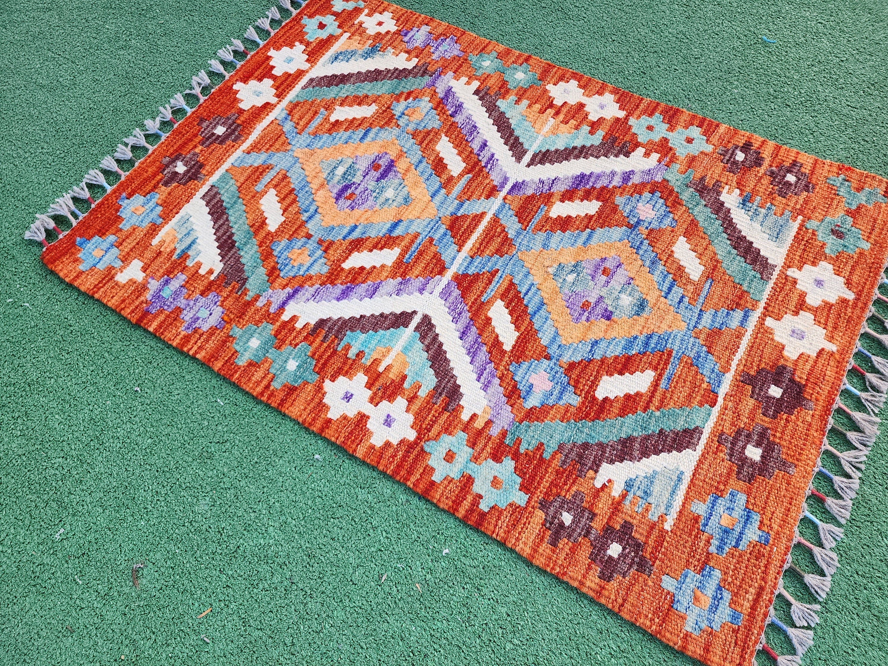 vintage Afghan Wool Small Rug — back view