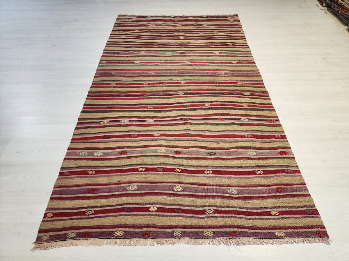 Hand-Woven Turkish Striped Cicim Kilim, Anatolian Wool Flatweave Rug (4'8''x8'4'')