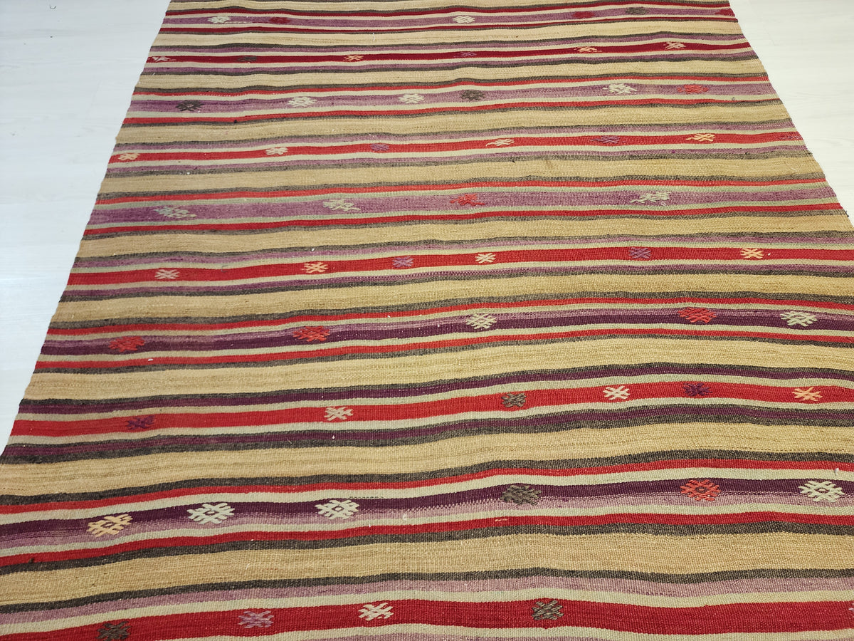 Hand-Woven Turkish Striped Cicim Kilim, Anatolian Wool Flatweave Rug (4'8''x8'4'')