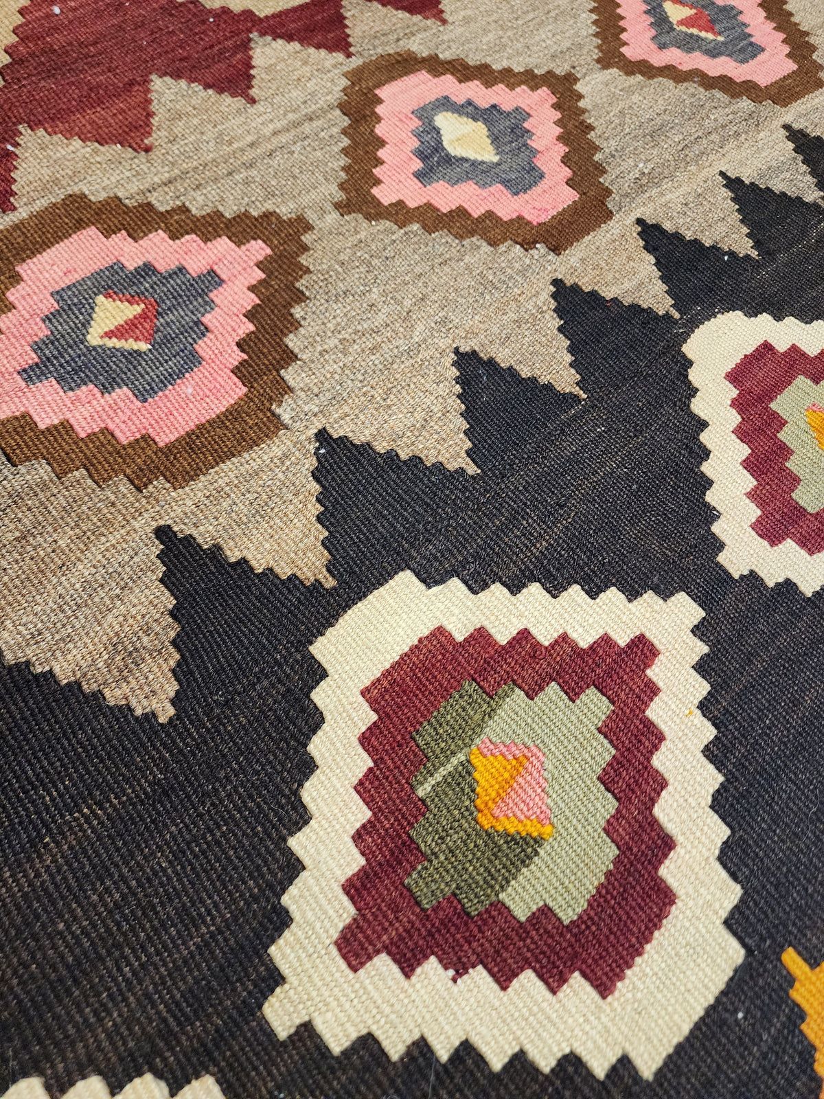 Hand-Woven Turkish Kilim Rug, Geometric Diamond Pattern, Boho Wool Flatweave (4'4'' x 6'9'')