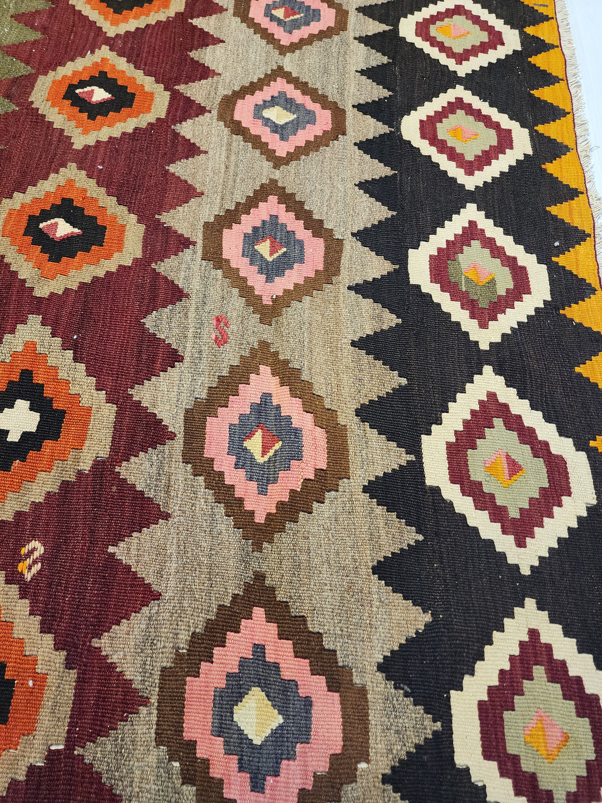 Hand-Woven Turkish Kilim Rug, Geometric Diamond Pattern, Boho Wool Flatweave (4'4'' x 6'9'')
