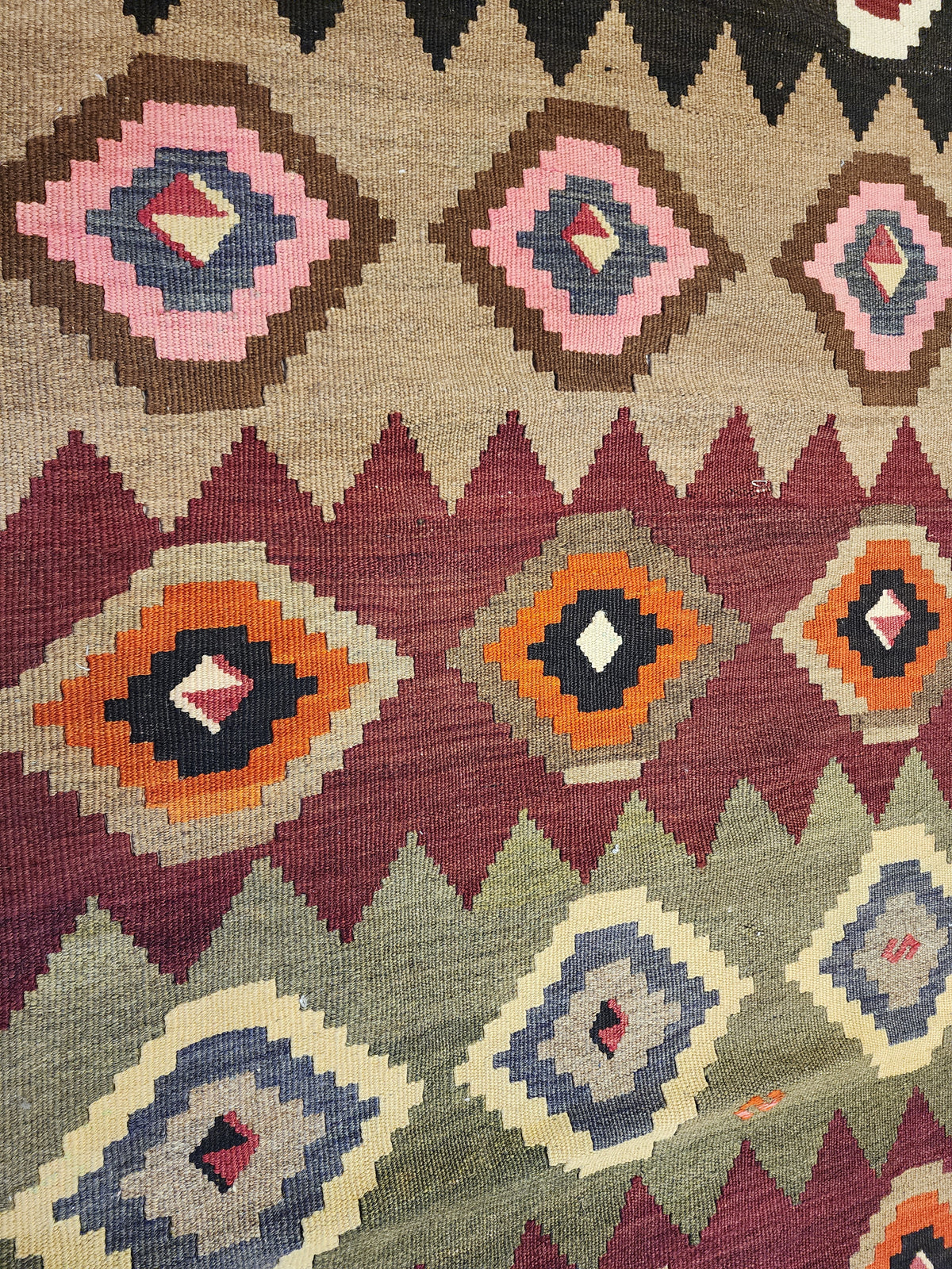 Hand-Woven Turkish Kilim Rug, Geometric Diamond Pattern, Boho Wool Flatweave (4'4'' x 6'9'')