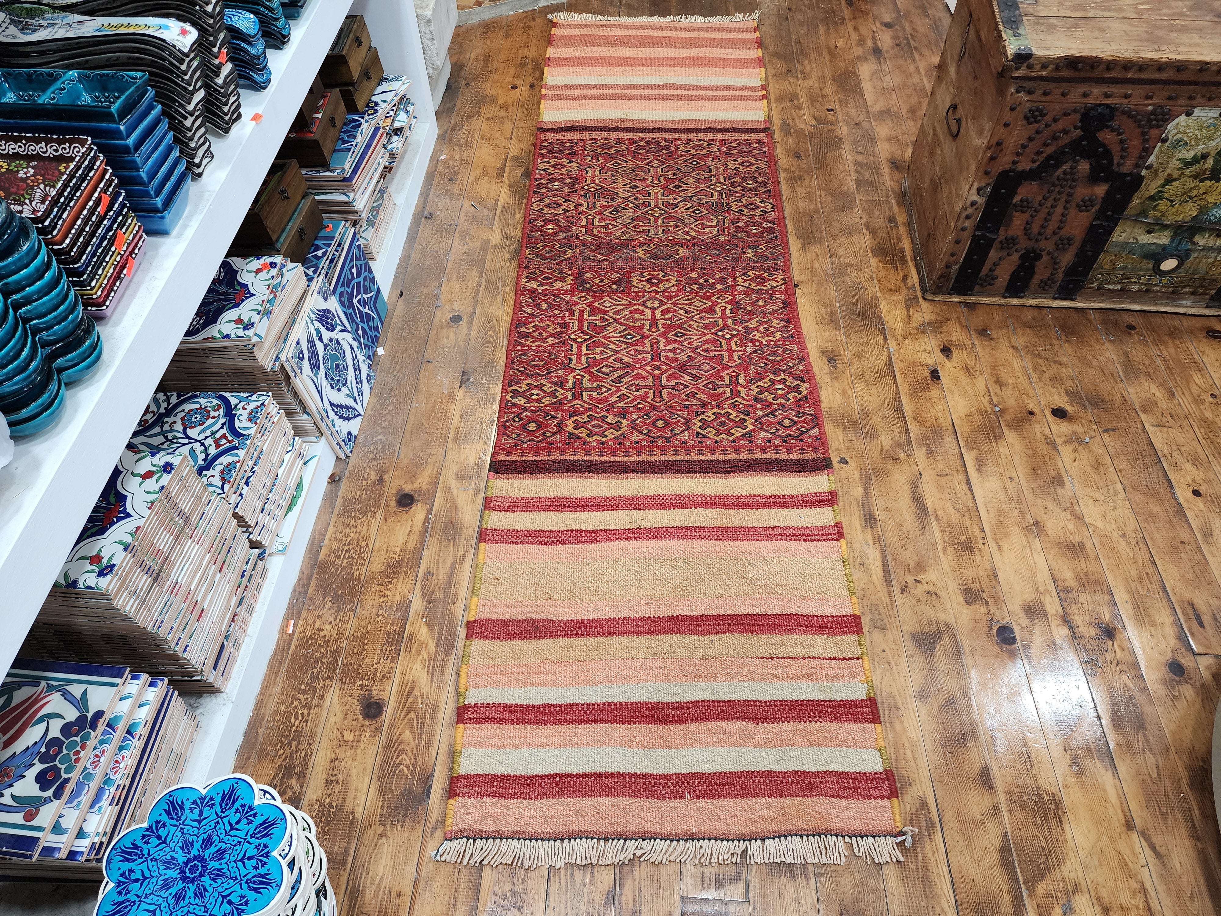 Psalakanthe — Handmade Vintage Wool Tribal Runner Rug, Red Blue Turkish Boho Carpet, 2x7