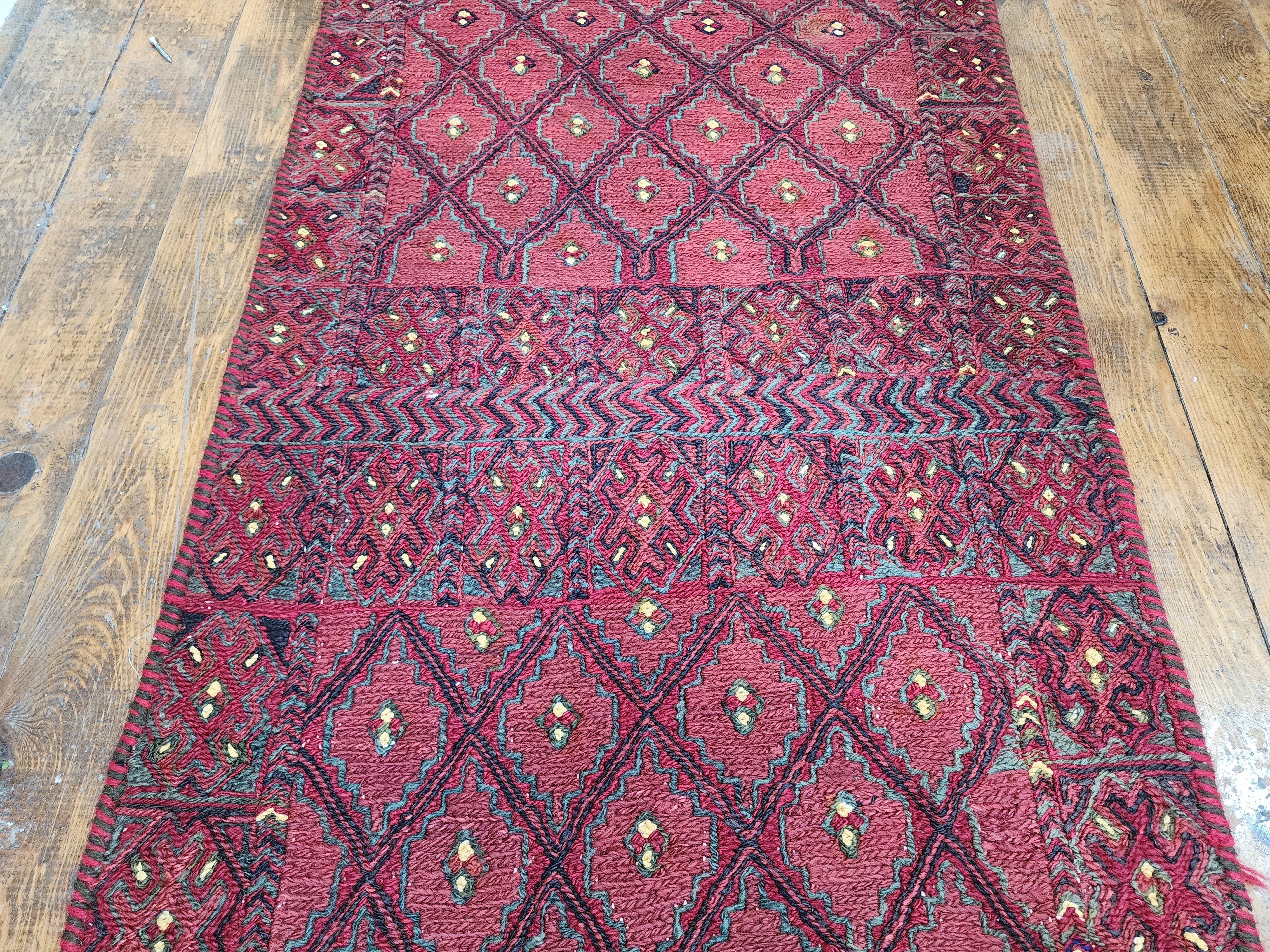 Phocaea — Handmade Vintage Wool Tribal Runner Rug, Red Purple Turkish Boho Carpet, 1'8''x7'3''