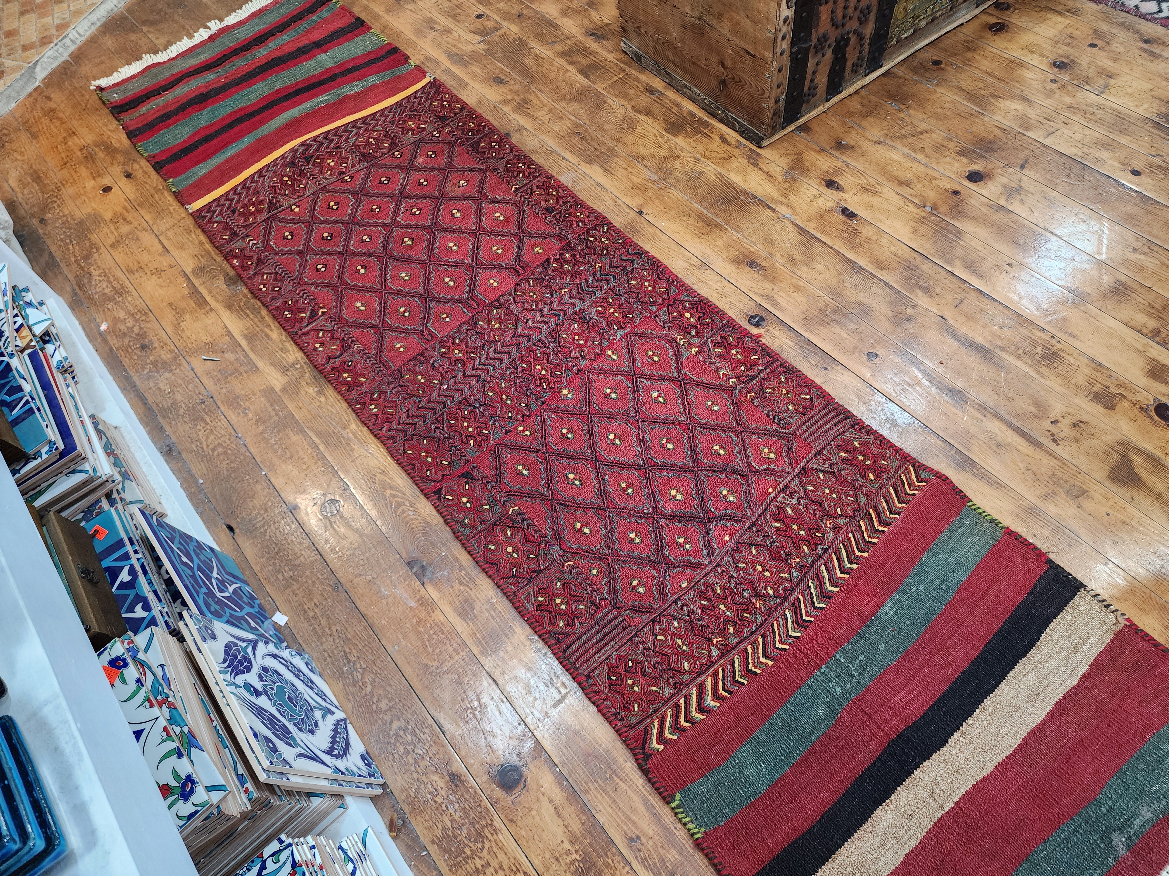 Phocaea — Handmade Vintage Wool Tribal Runner Rug, Red Purple Turkish Boho Carpet, 1'8''x7'3''