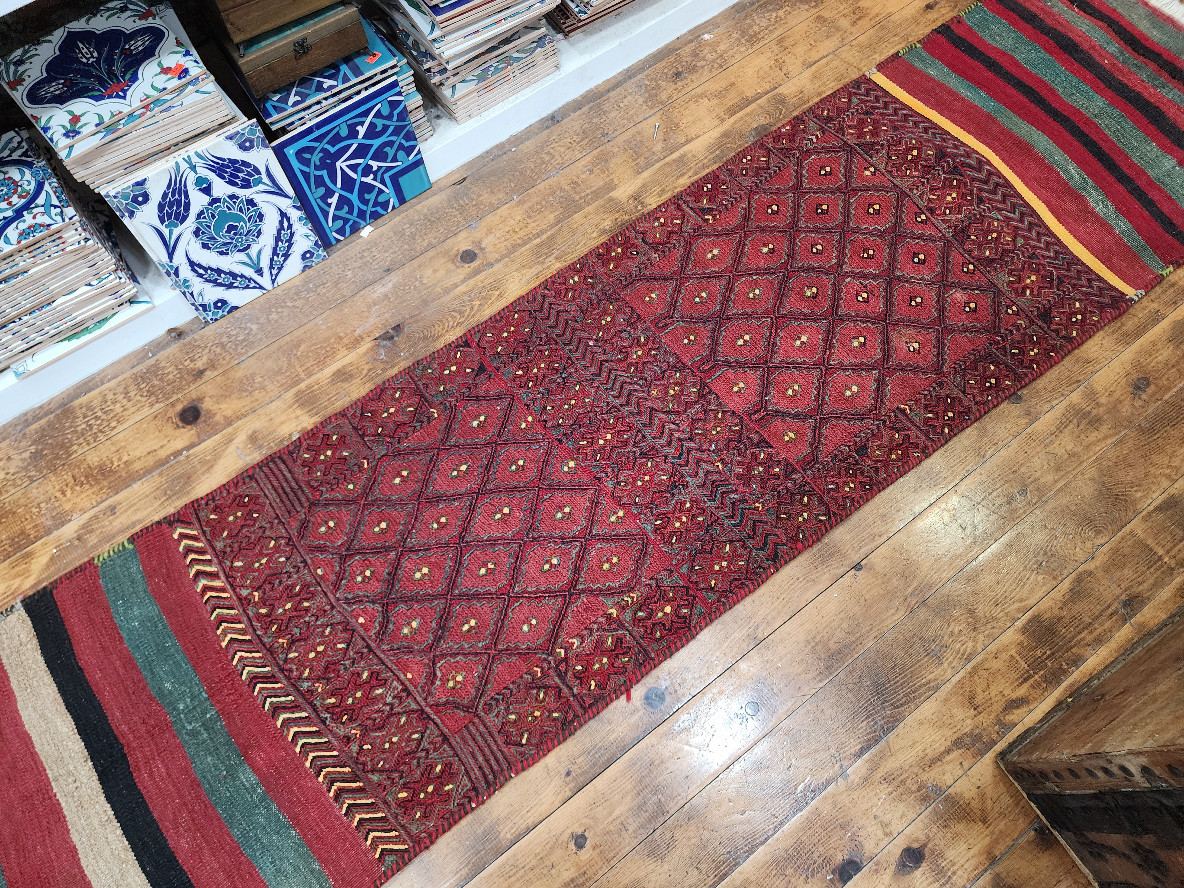 Phocaea — Handmade Vintage Wool Tribal Runner Rug, Red Purple Turkish Boho Carpet, 1'8''x7'3''