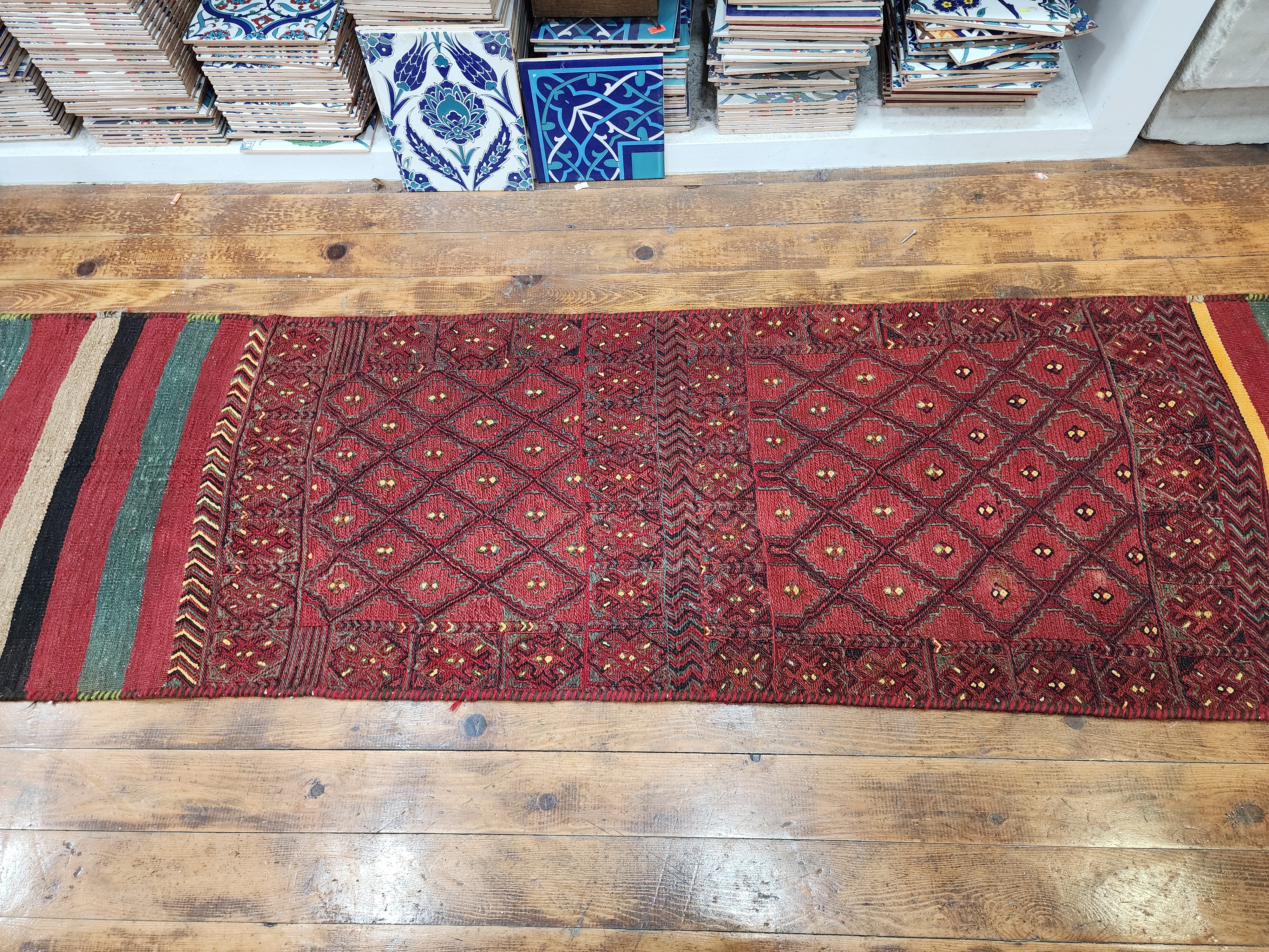 Phocaea — Handmade Vintage Wool Tribal Runner Rug, Red Purple Turkish Boho Carpet, 1'8''x7'3''
