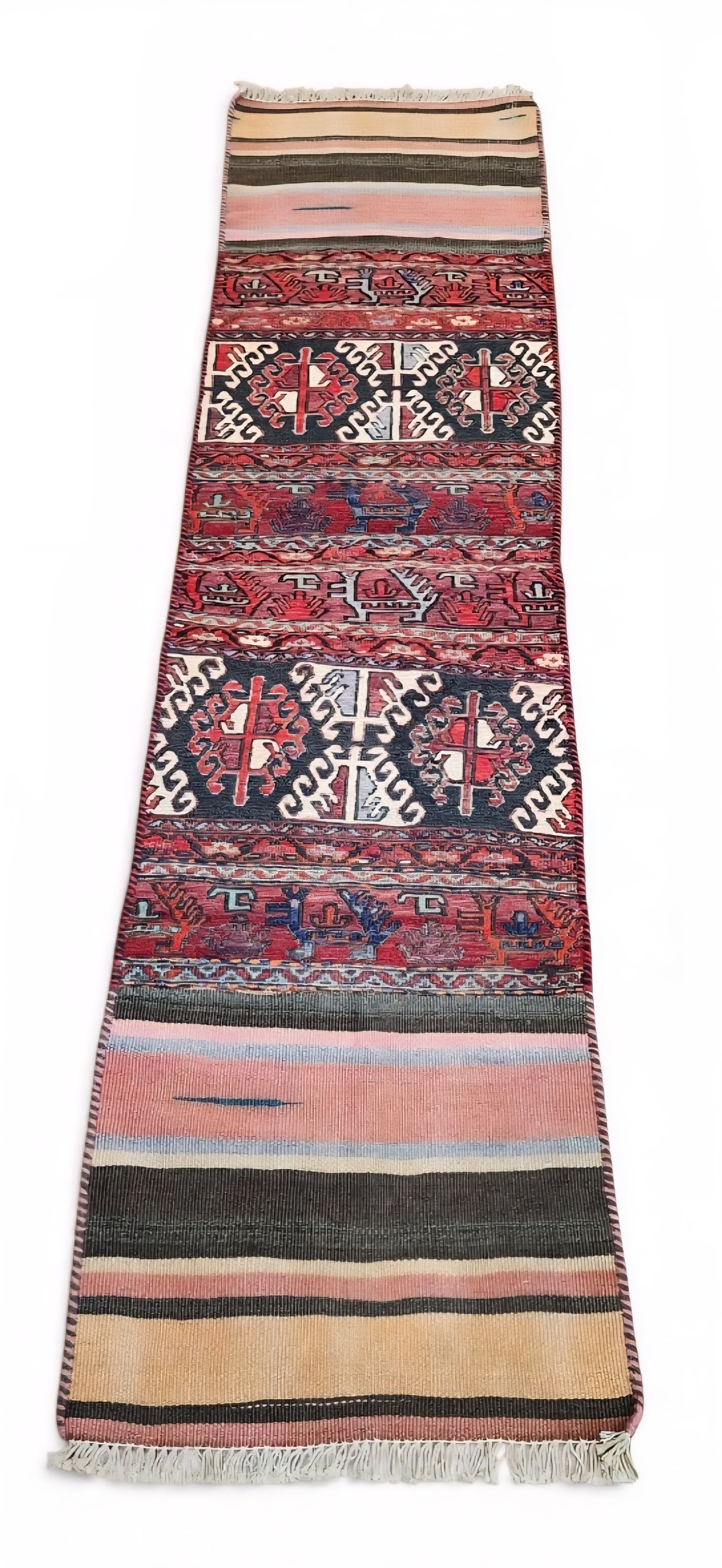 Sterope — Handmade Vintage Wool Tribal Runner Rug, Red Gray Turkish Boho Carpet, 1'6''x''6''