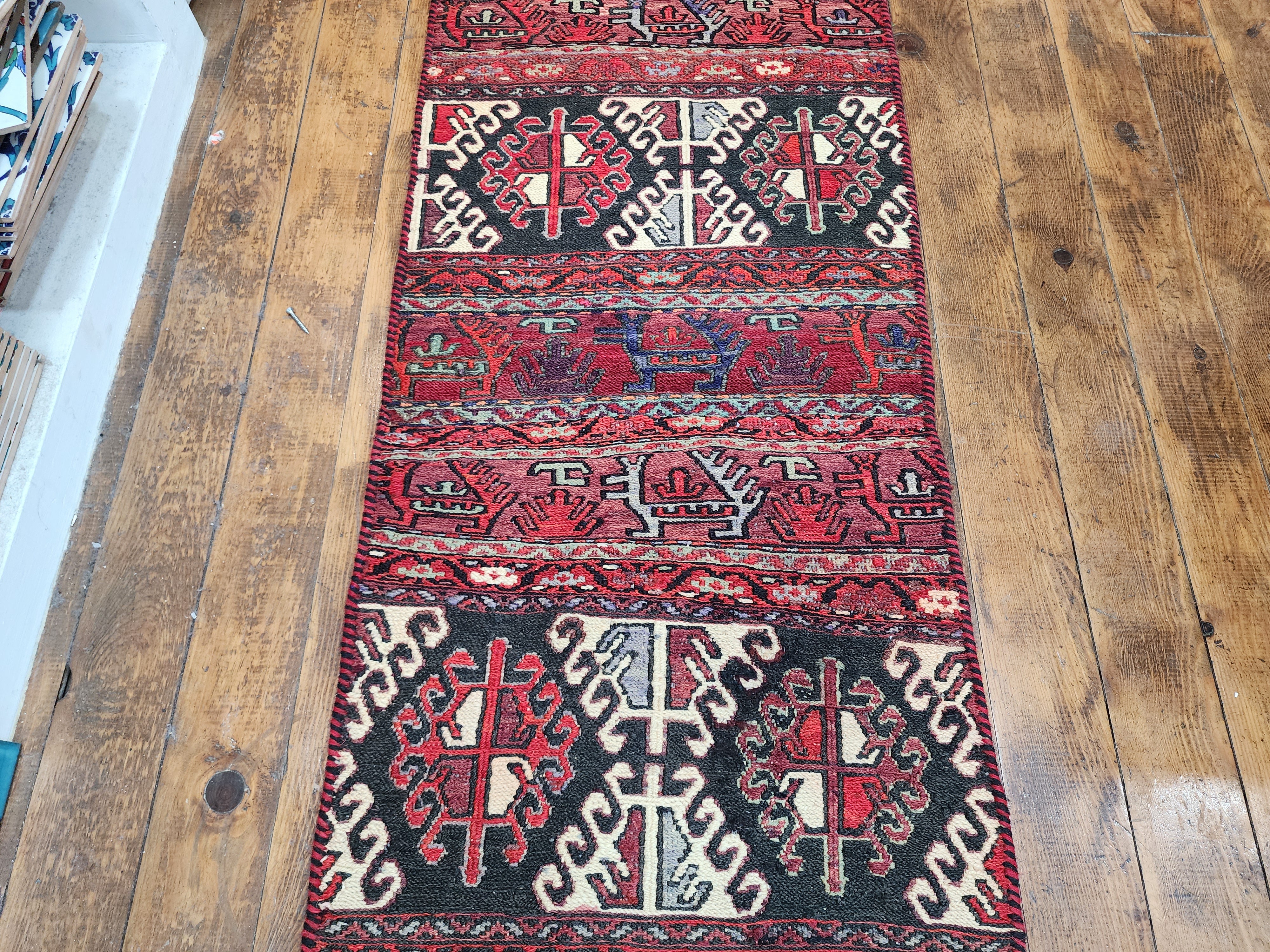 Sterope — Handmade Vintage Wool Tribal Runner Rug, Red Gray Turkish Boho Carpet, 1'6''x''6''