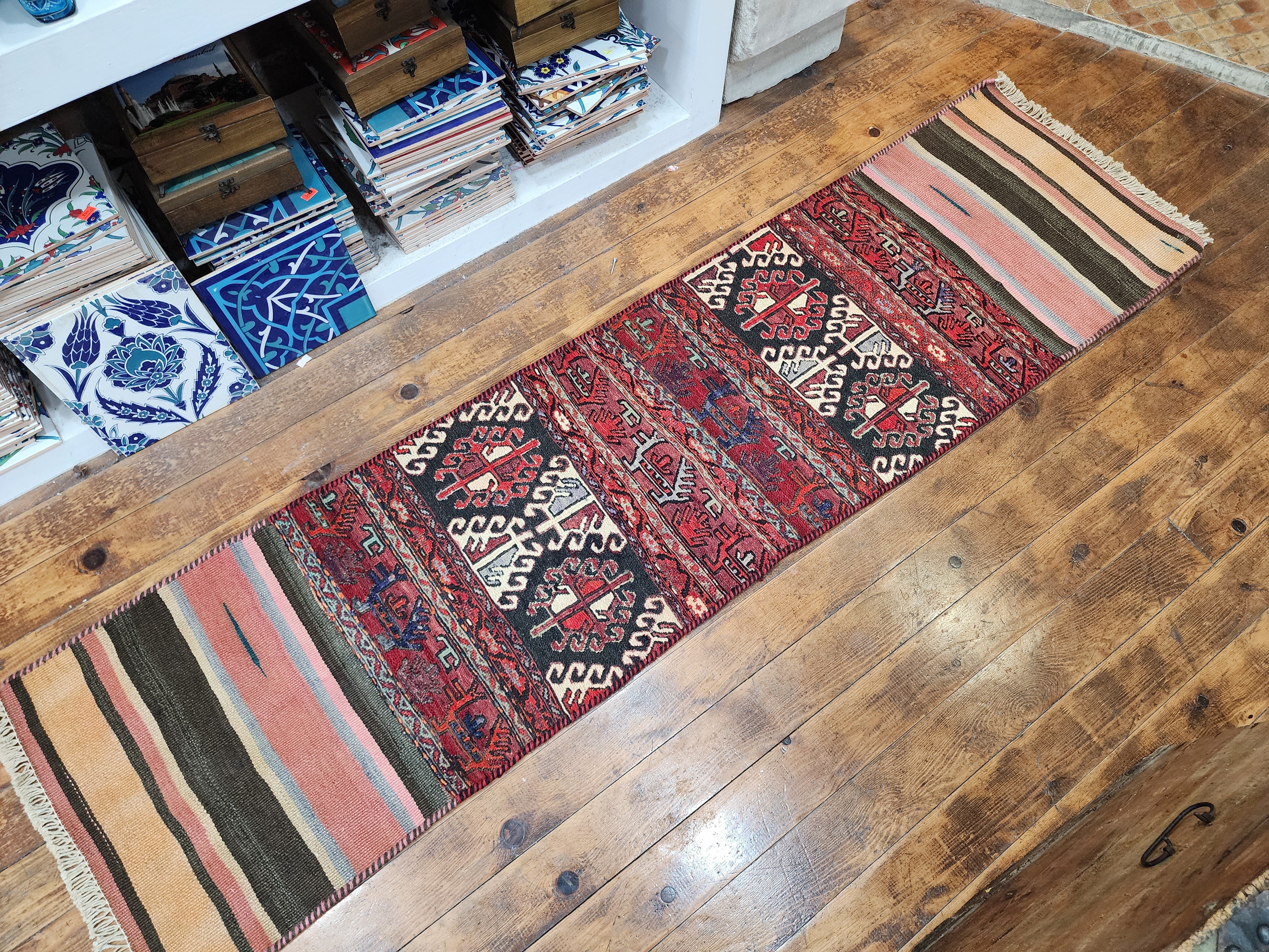 Sterope — Handmade Vintage Wool Tribal Runner Rug, Red Gray Turkish Boho Carpet, 1'6''x''6''
