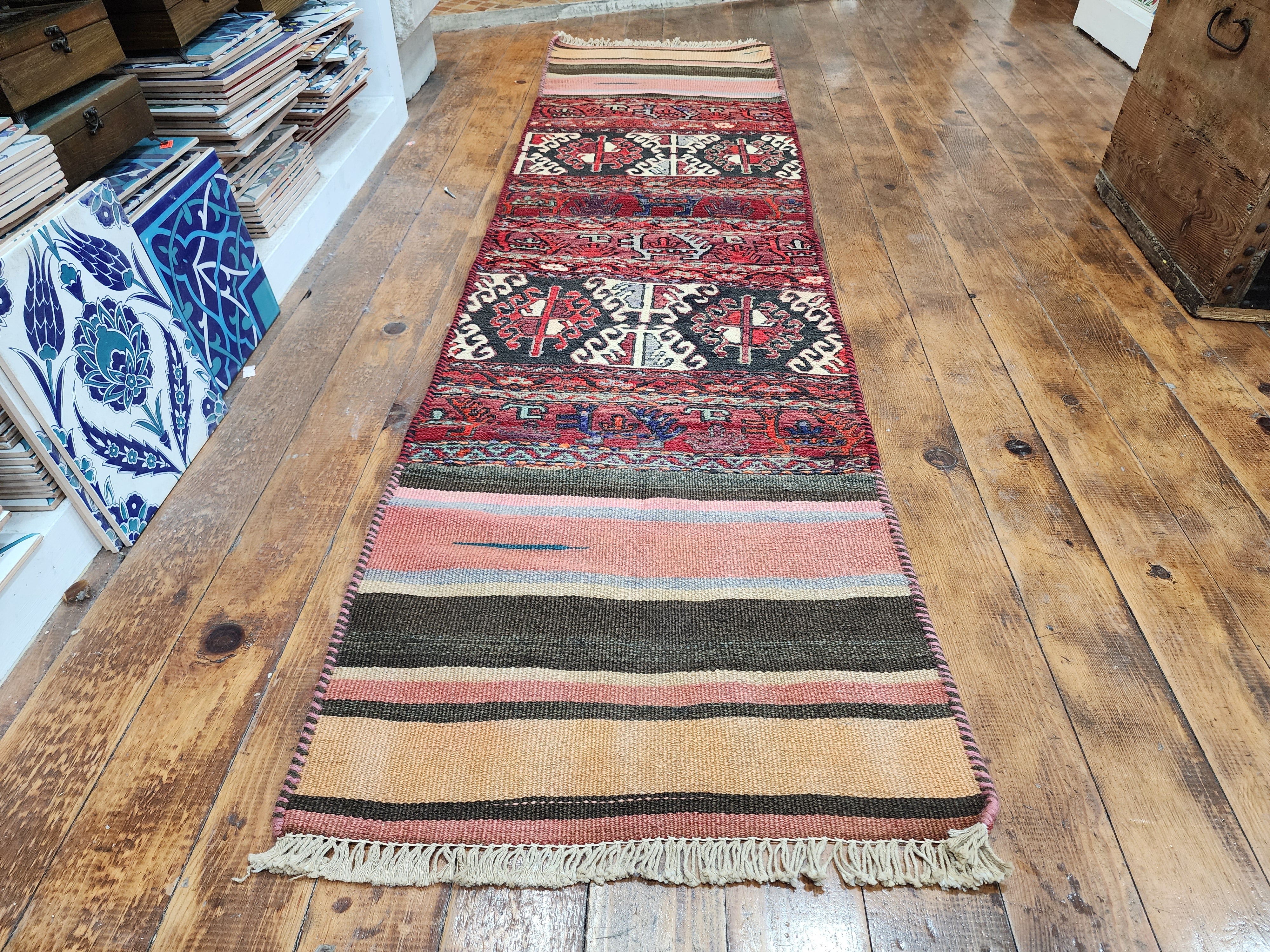 Sterope — Handmade Vintage Wool Tribal Runner Rug, Red Gray Turkish Boho Carpet, 1'6''x''6''