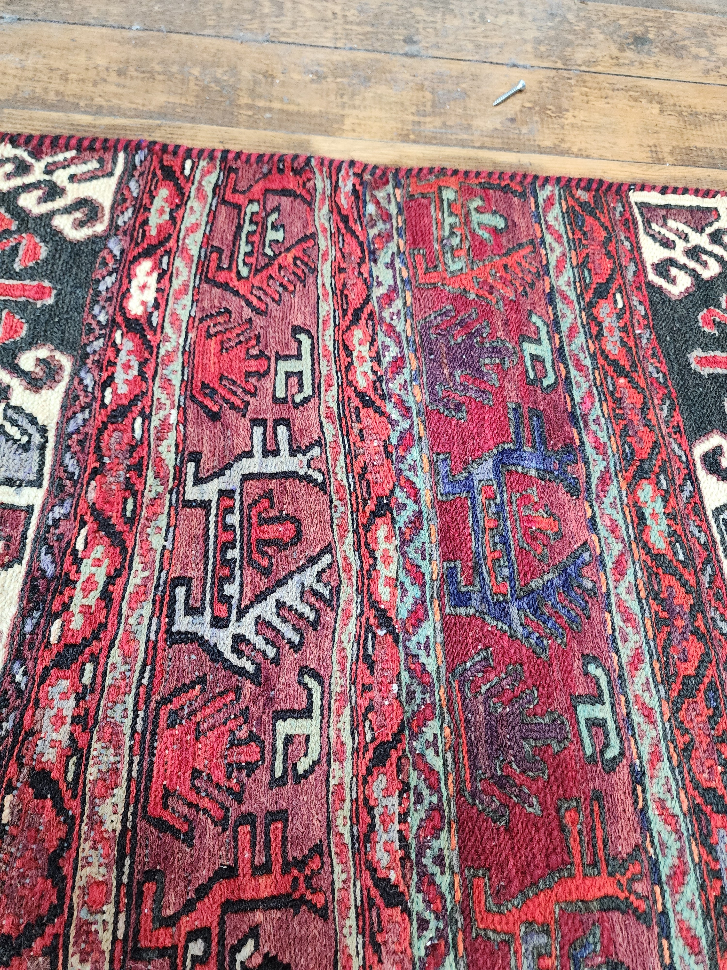 Sterope — Handmade Vintage Wool Tribal Runner Rug, Red Gray Turkish Boho Carpet, 1'6''x''6''