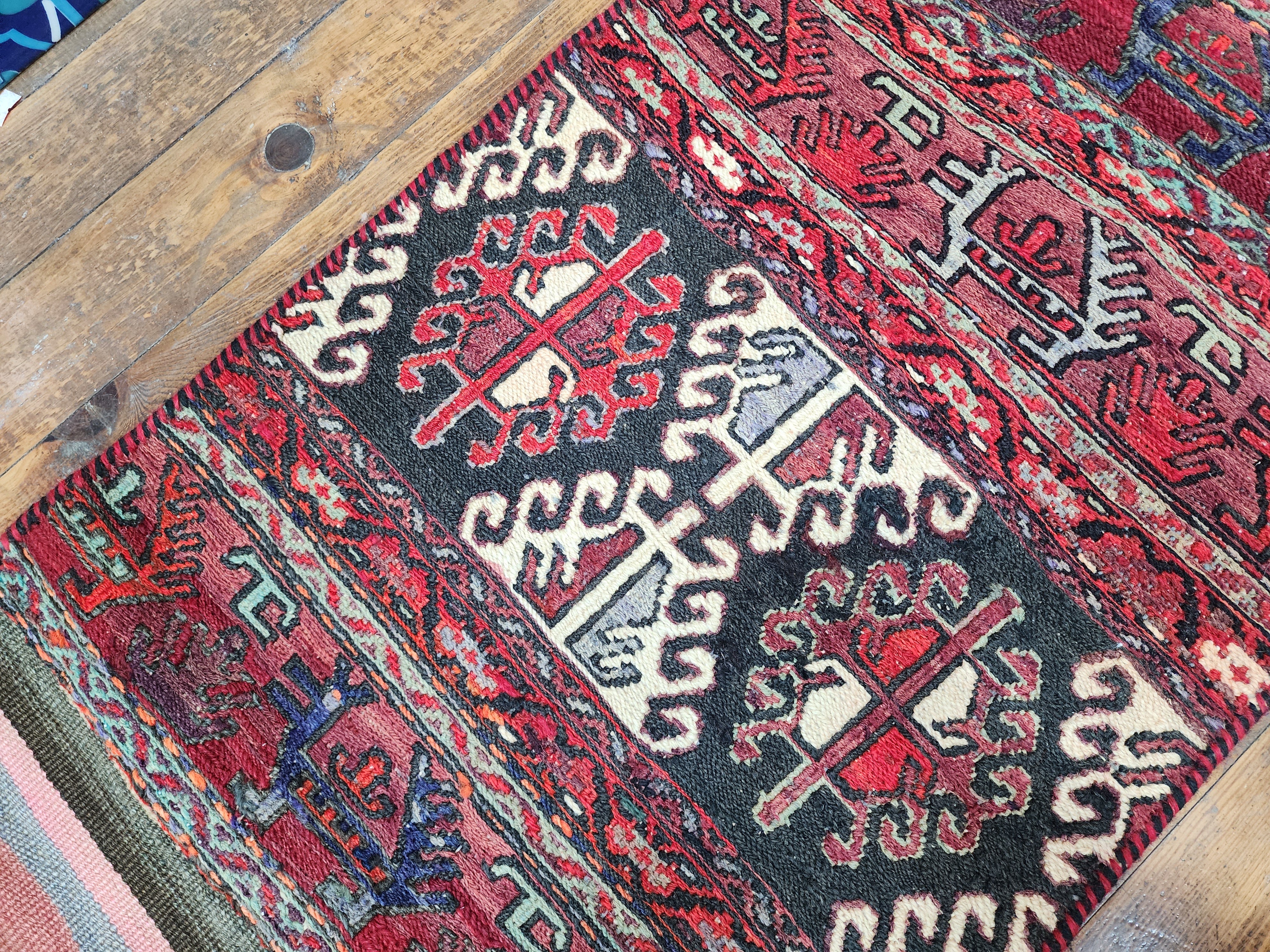 Sterope — Handmade Vintage Wool Tribal Runner Rug, Red Gray Turkish Boho Carpet, 1'6''x''6''