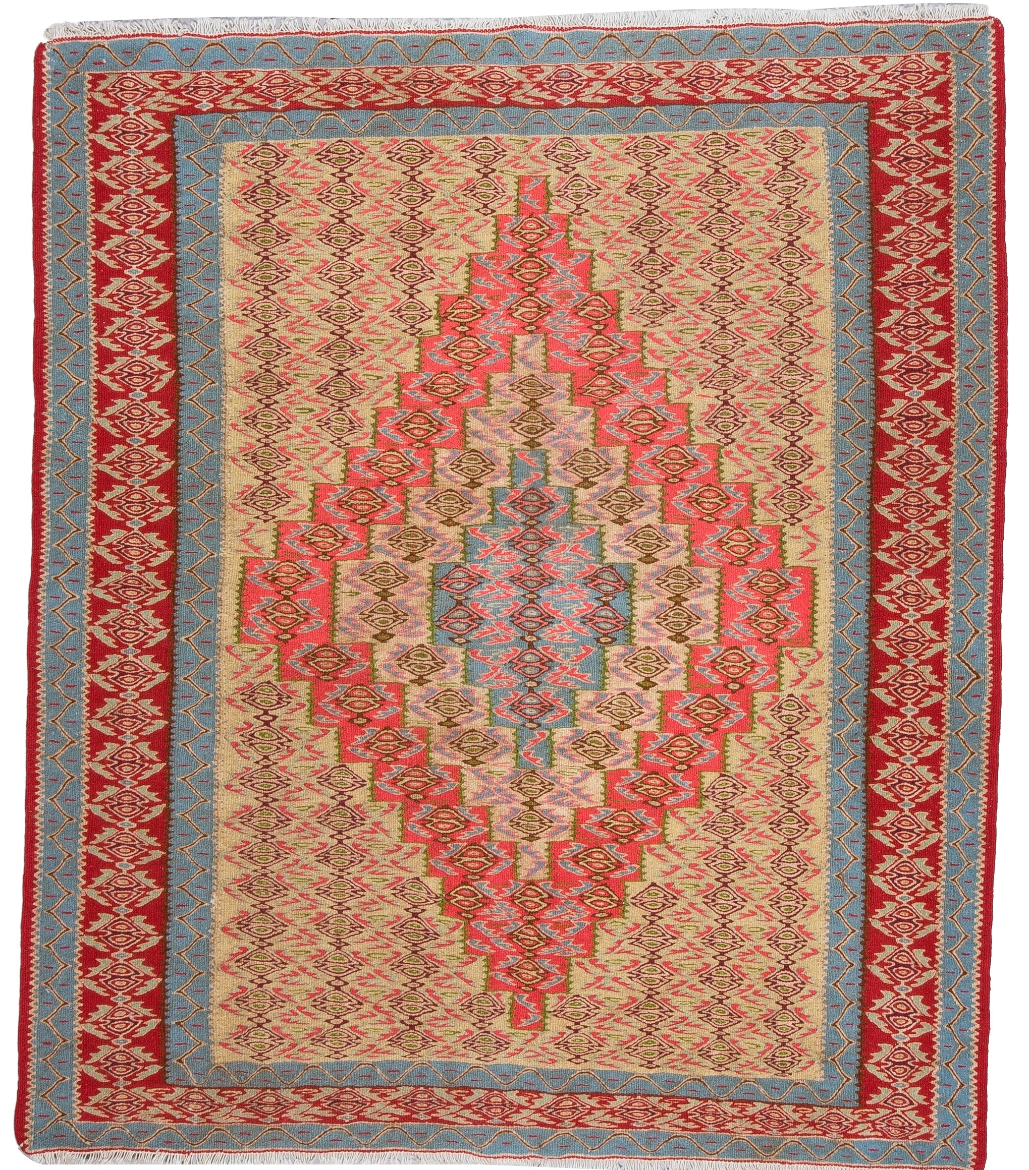 Vintage Persian Rug Kilim 4 x 4 ft Terracotta Orange and Green Boho Rustic Senneh Floor Rug