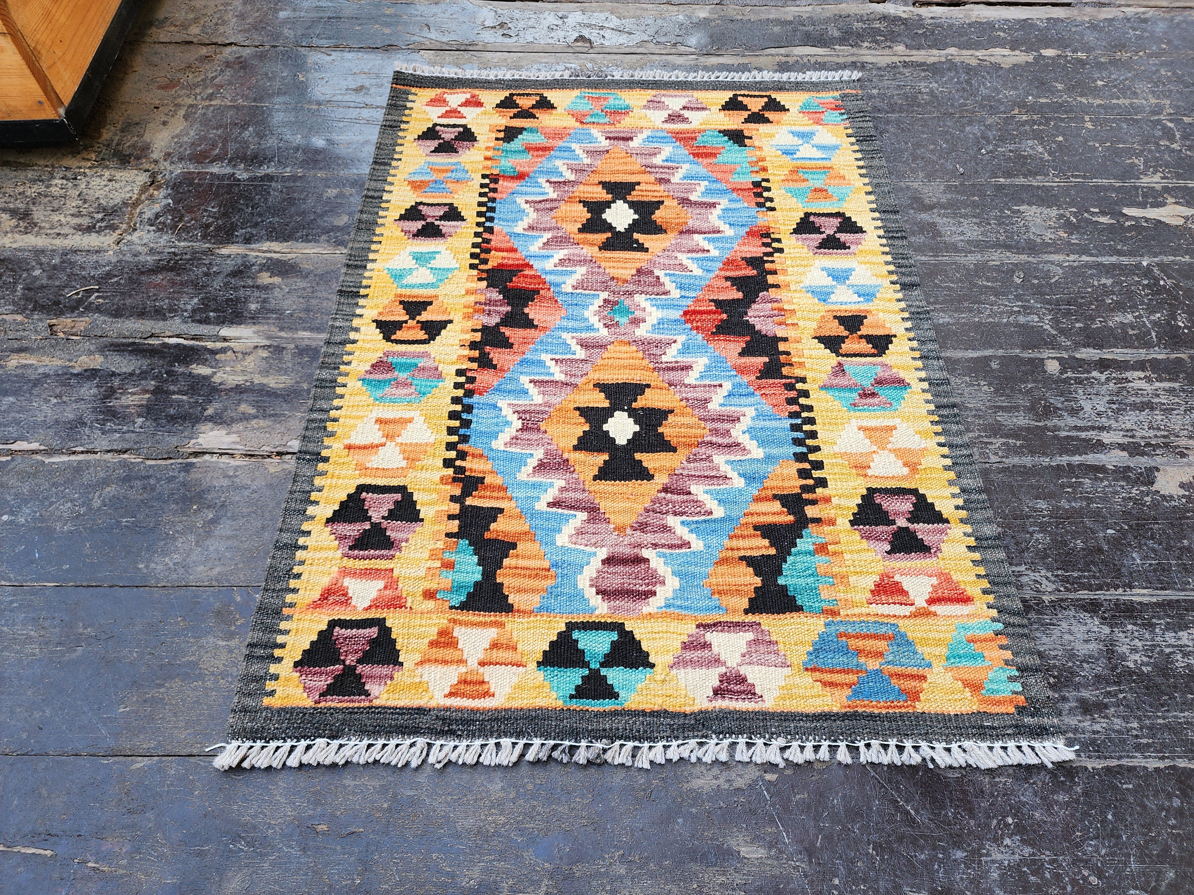 Petit tapis Kilim, 2 pi 2 po x 3 pi, tapis Kilim jaune, bleu et orange