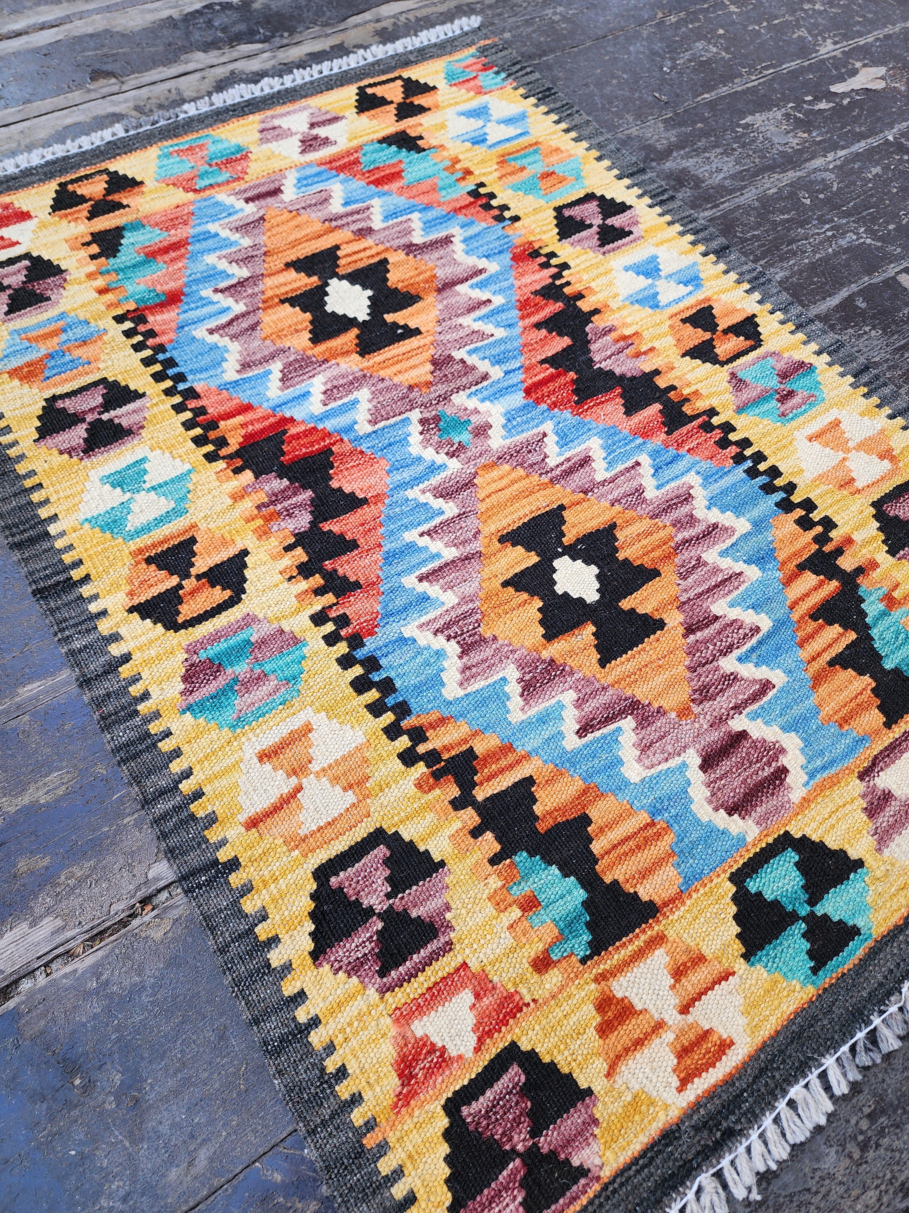 Petit tapis Kilim, 2 pi 2 po x 3 pi, tapis Kilim jaune, bleu et orange