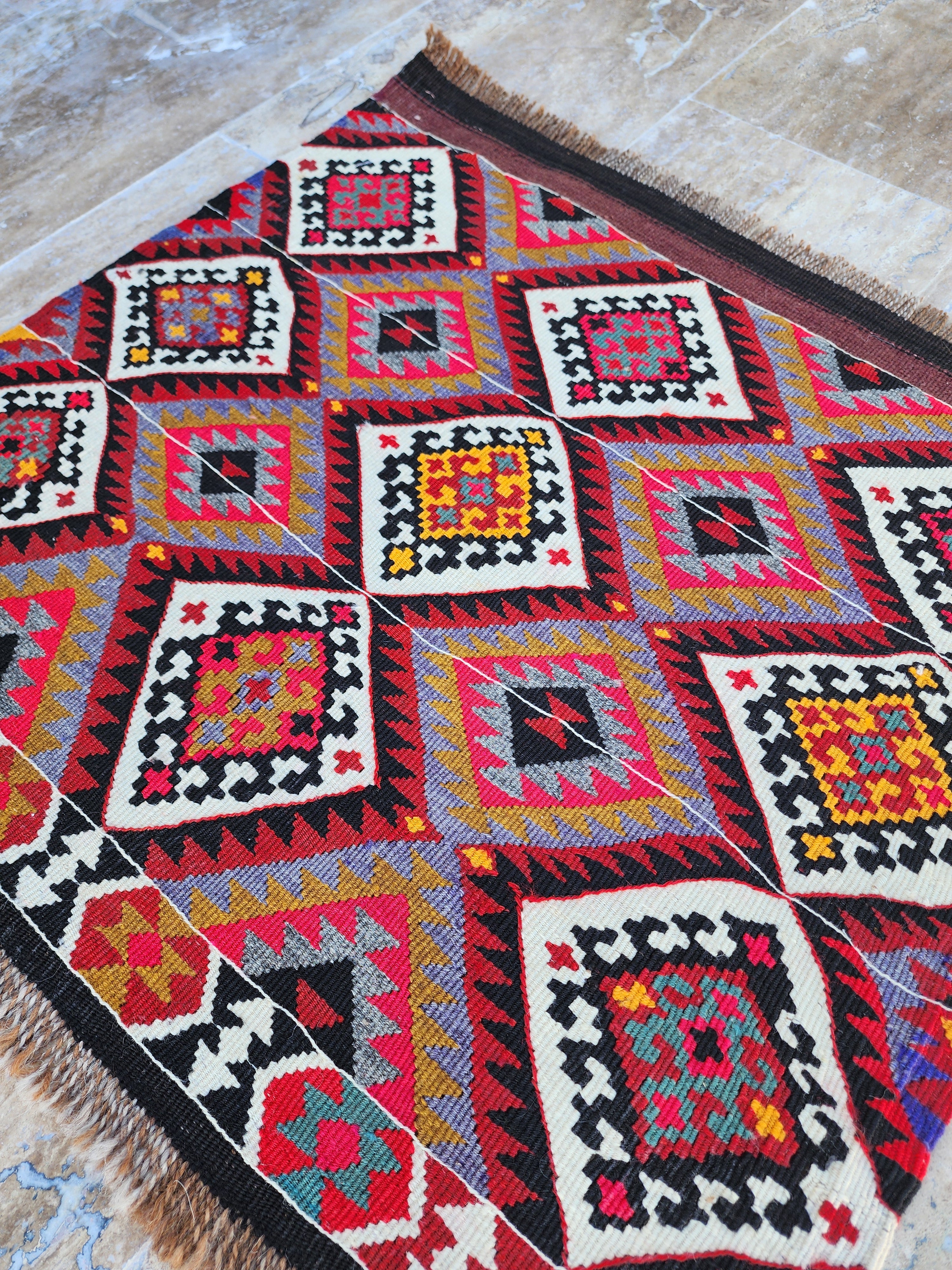 Turkish Kilim Rug 2 x 2 ft Pink Orange Blue Kilim Rug, Vintage Southwestern Aztec Handmade Wool Kilim, Antique Persian Rustic Farmhouse Rug