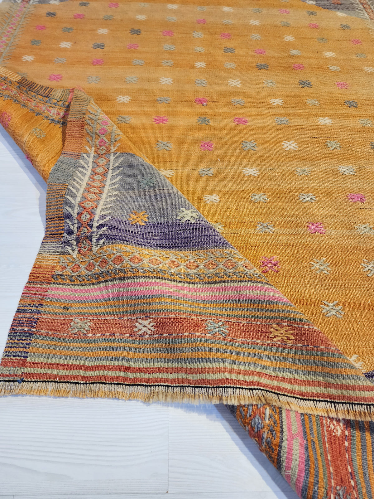 Vintage Fethiye Kilim Rug, Tahtacı Tribal Flatweave, Natural Dye Wool Area Rug