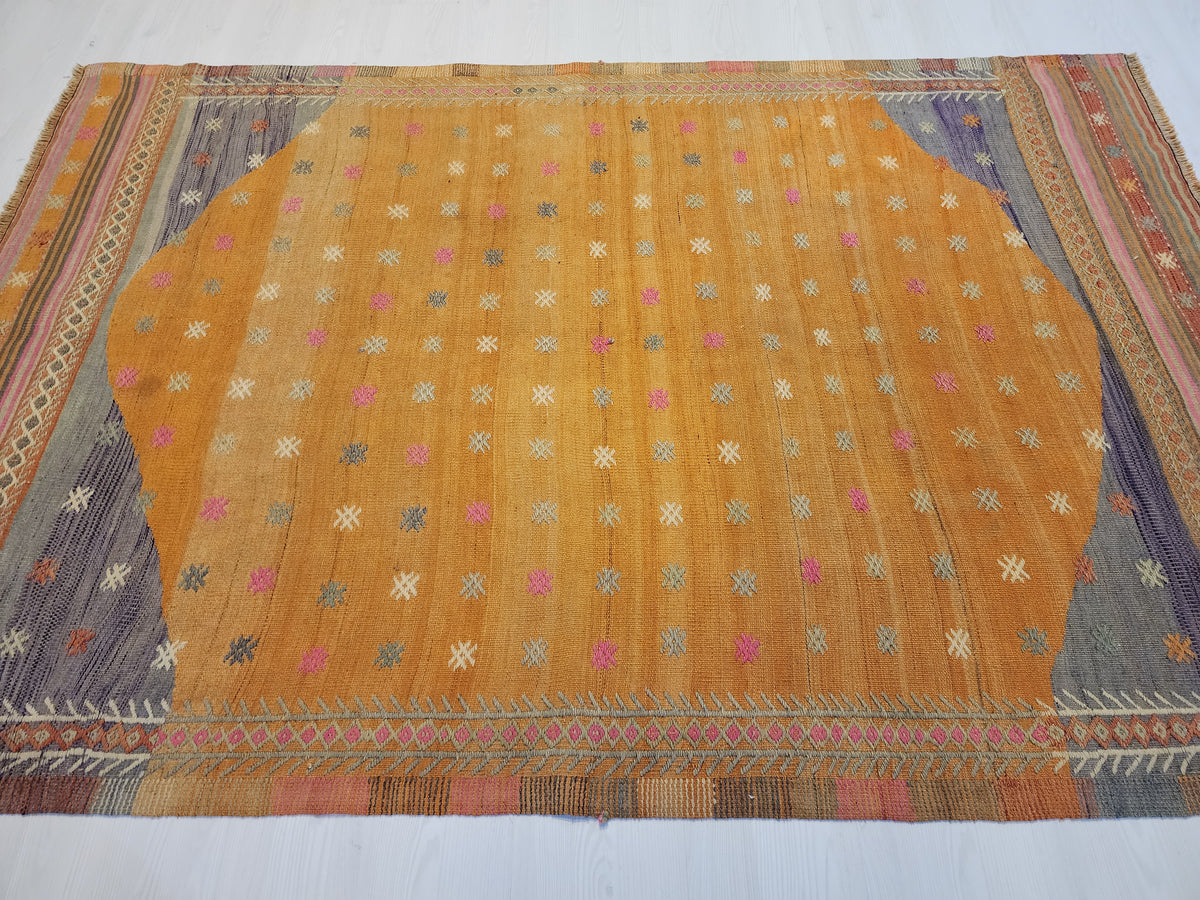 Vintage Fethiye Kilim Rug, Tahtacı Tribal Flatweave, Natural Dye Wool Area Rug