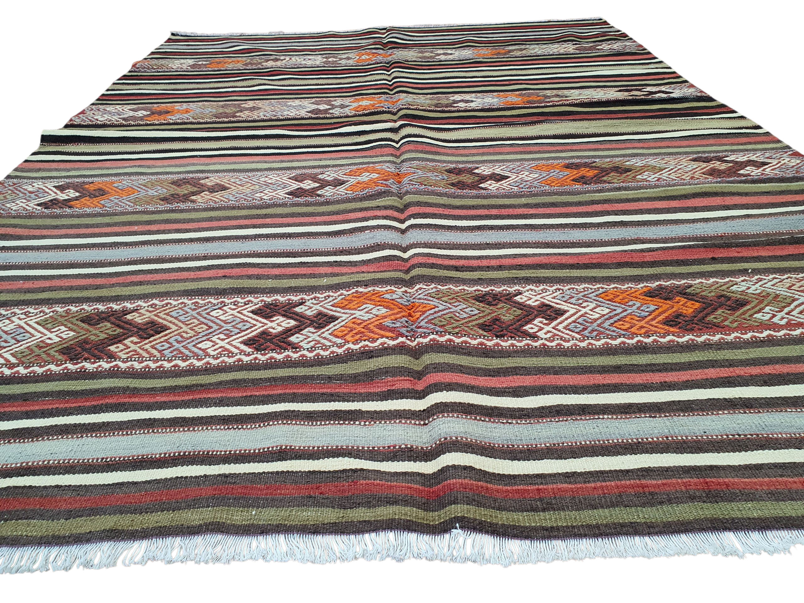 Kilim Rug, 7 ft x 5 ft 3 in Green Purple and Orange Striped Rug for Living Room or Kitchen Handmade from Natural Wool