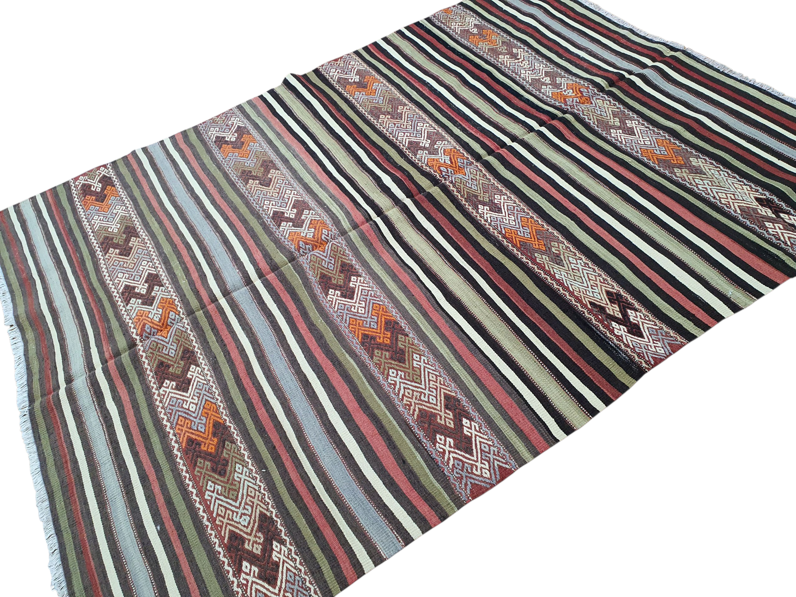 Kilim Rug, 7 ft x 5 ft 3 in Green Purple and Orange Striped Rug for Living Room or Kitchen Handmade from Natural Wool