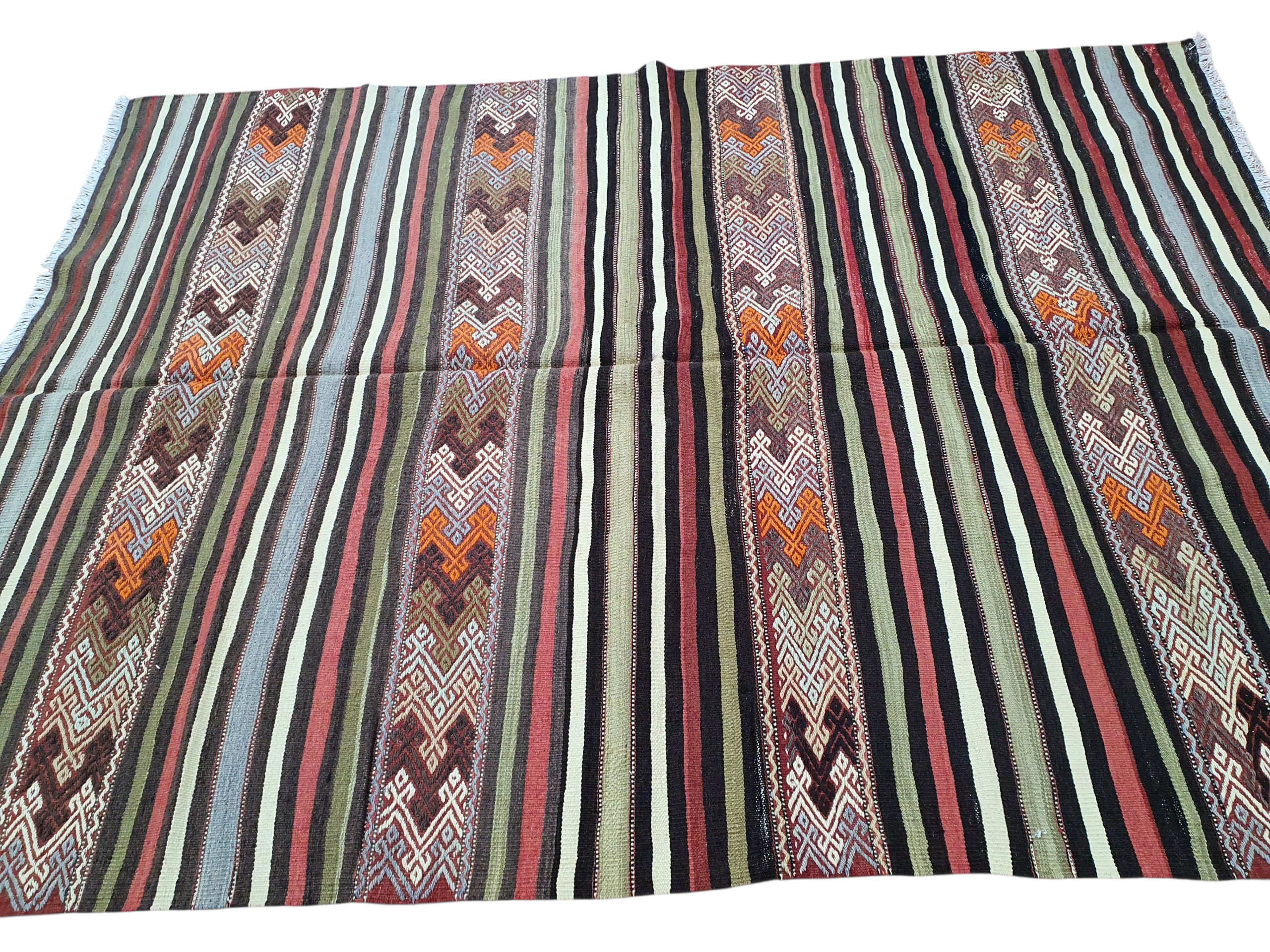 Kilim Rug, 7 ft x 5 ft 3 in Green Purple and Orange Striped Rug for Living Room or Kitchen Handmade from Natural Wool