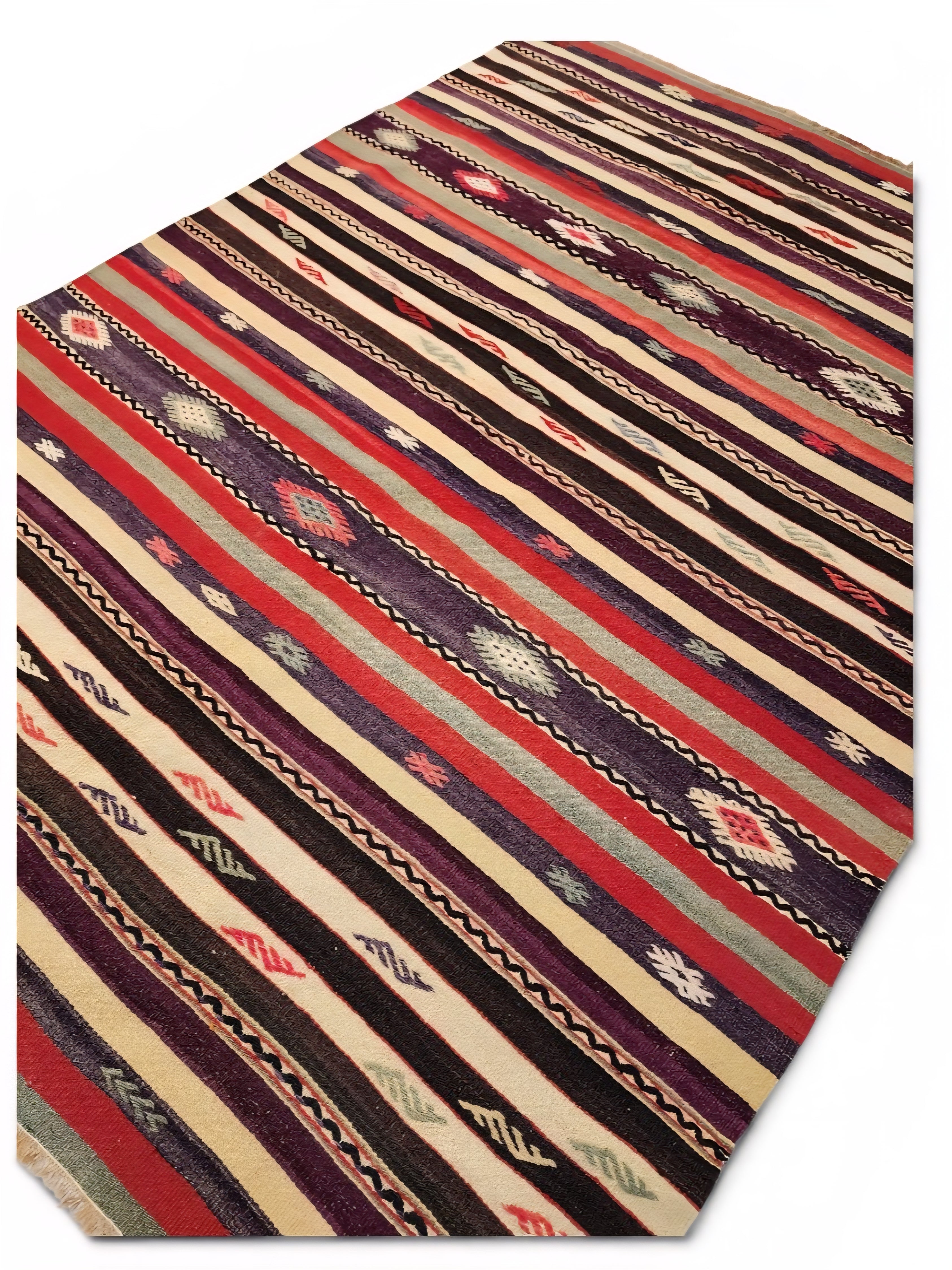Pasiphae — Vintage Handmade Kilim Rug: Organic Wool, Striped Geometric Design (7x5)