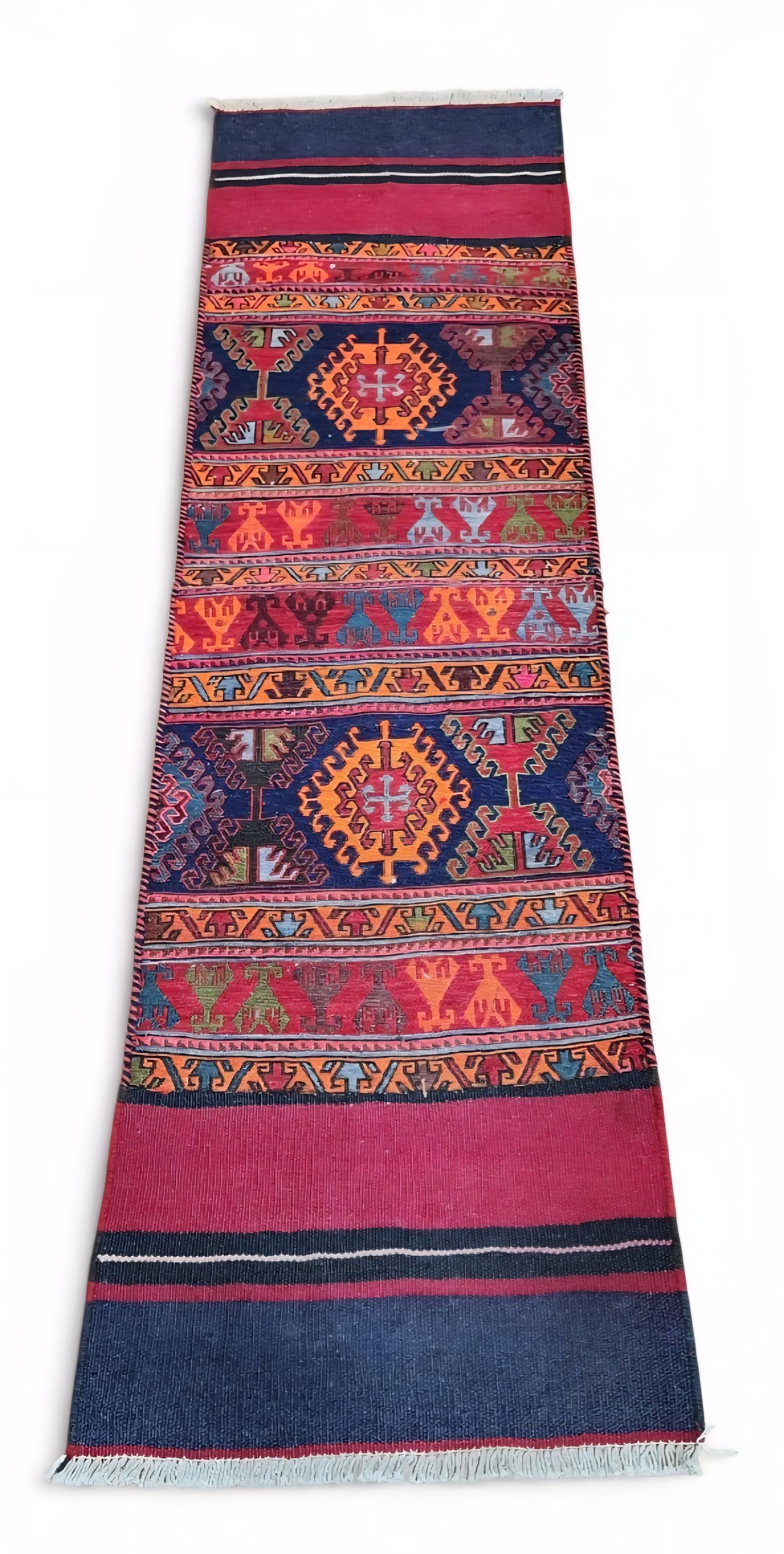 Sarummae — Handmade Vintage Wool Tribal Runner Rug, Red Blue Turkish Boho Carpet