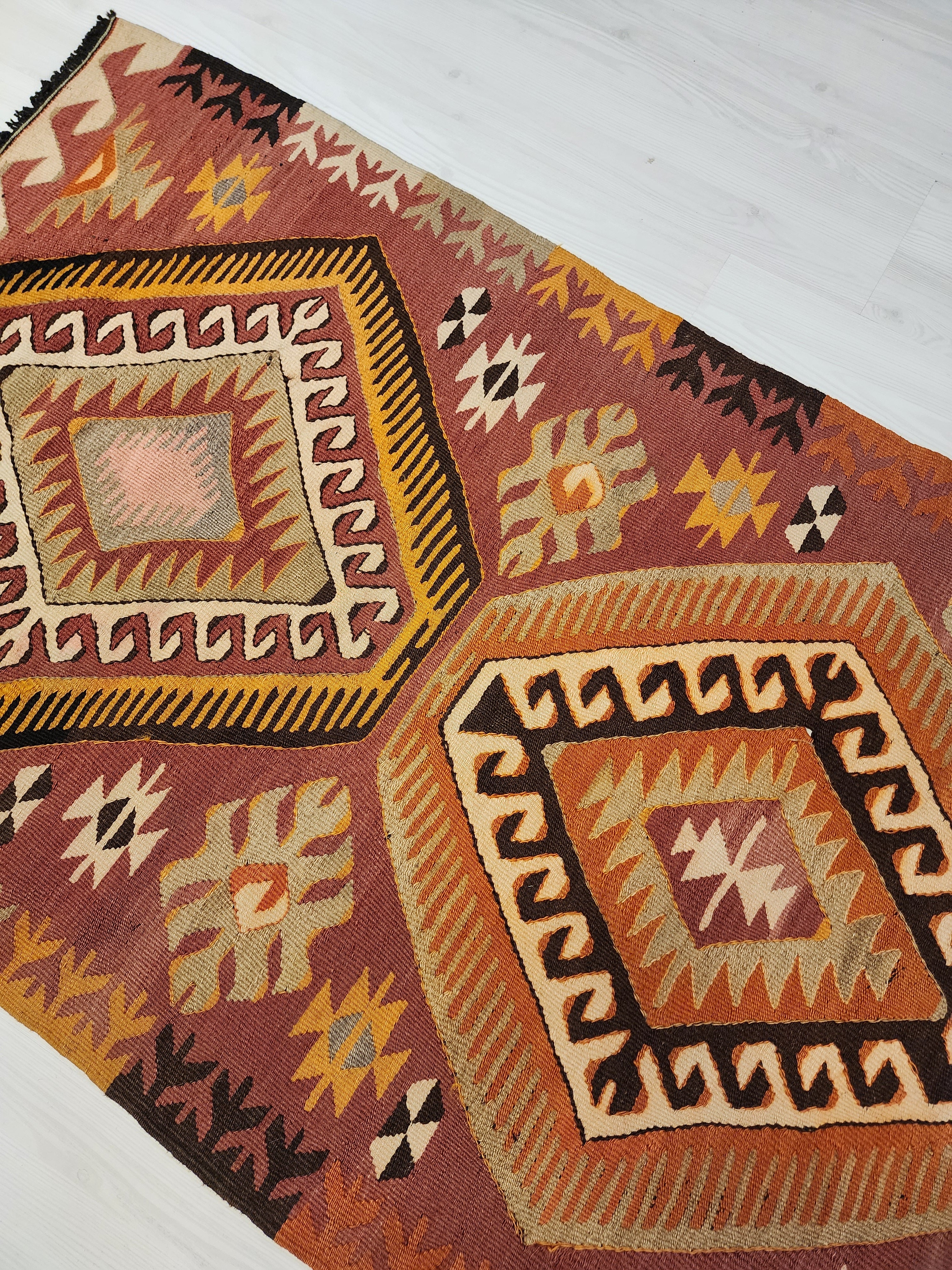 Handwoven Turkish Kilim Runner: Boho Tribal Rug, 8'5" x 2'10"