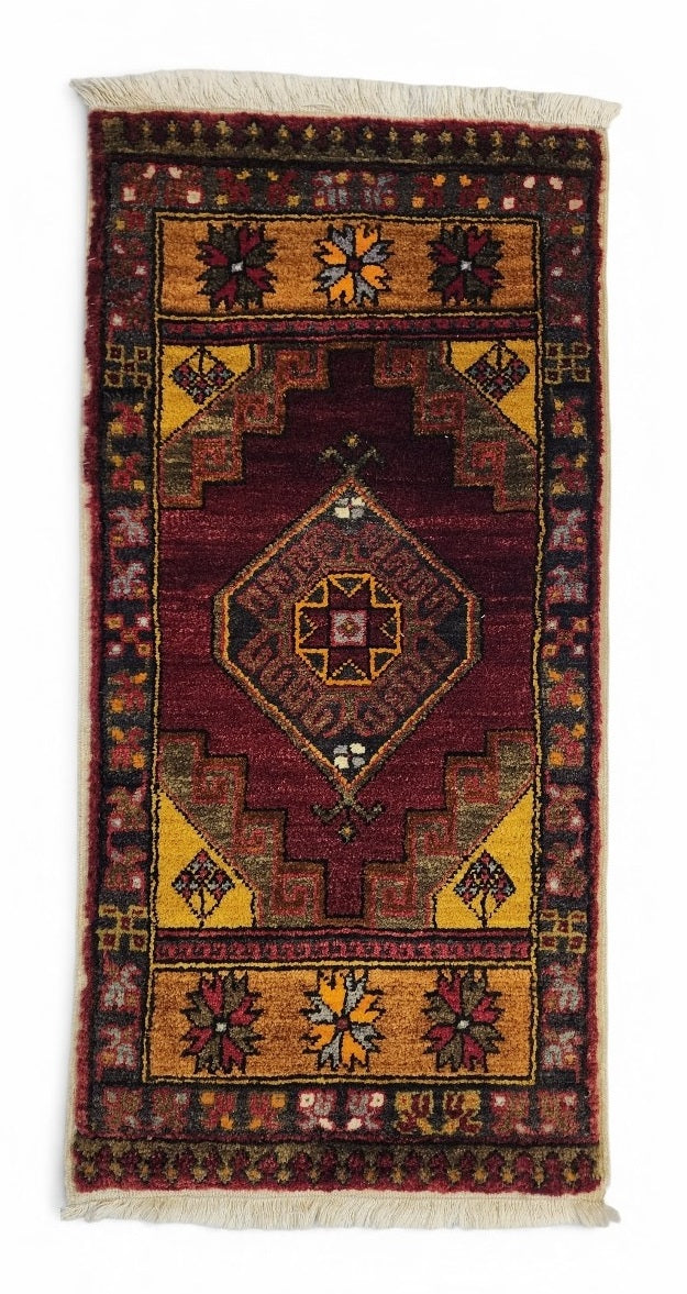 Lavinia - Vintage Konya Hand-Knotted Wool Rug, Burgundy Geometric Tribal Anatolian Mat