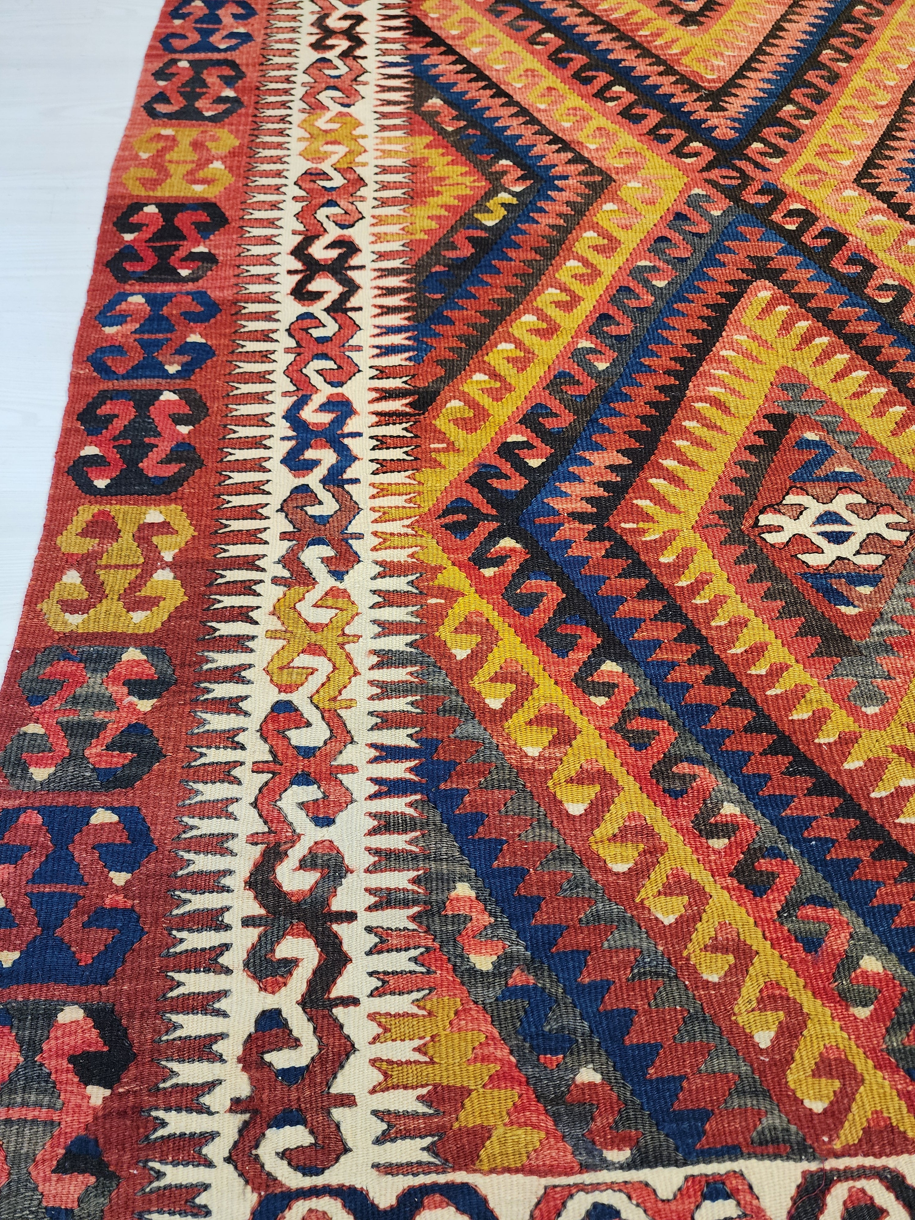 Vintage Fethiye Kilim Rug, Handwoven Turkish Wool Tribal Rug, Red Blue Geometric (5'10'' x 9'3'')