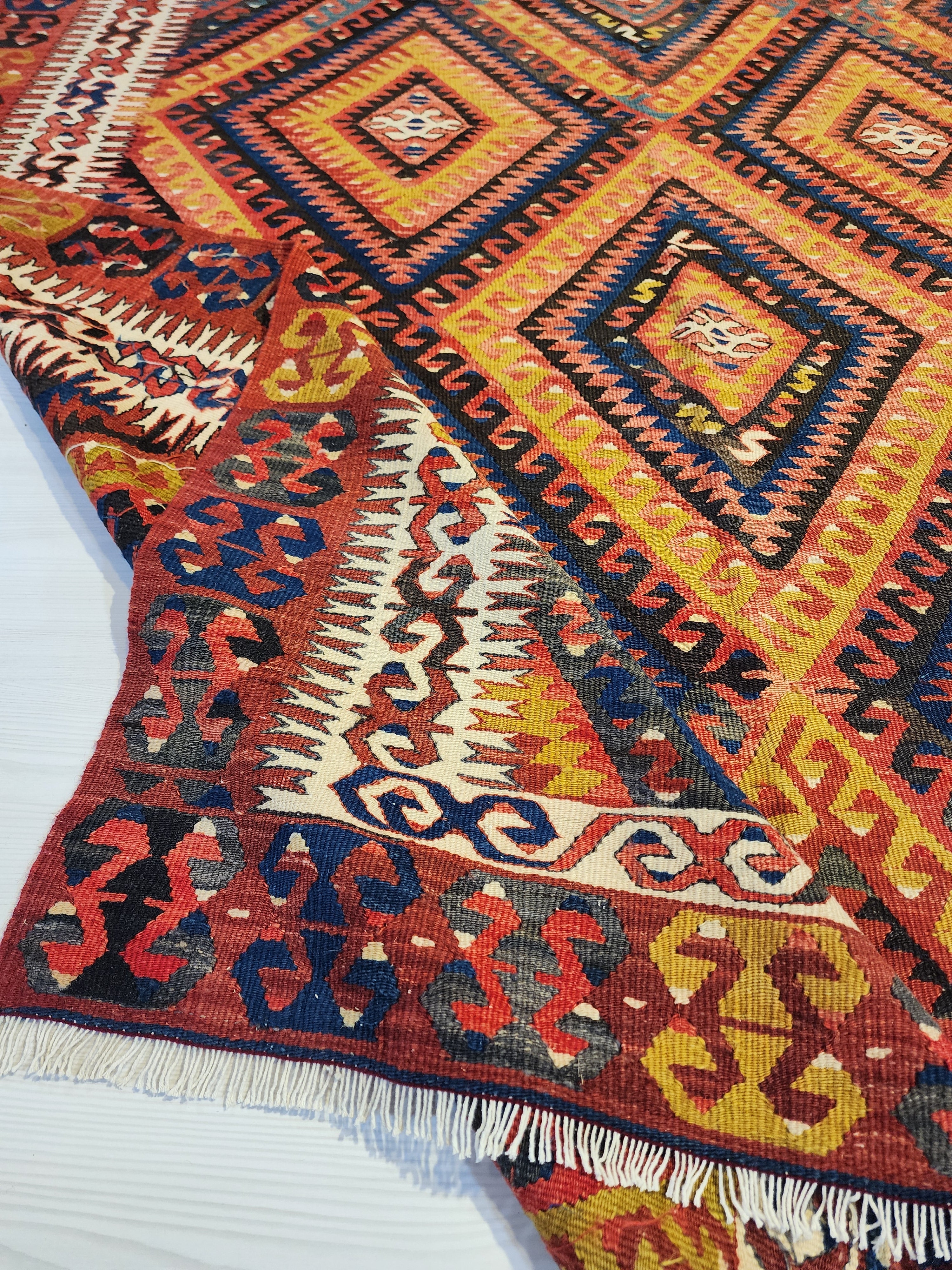 Vintage Fethiye Kilim Rug, Handwoven Turkish Wool Tribal Rug, Red Blue Geometric (5'10'' x 9'3'')