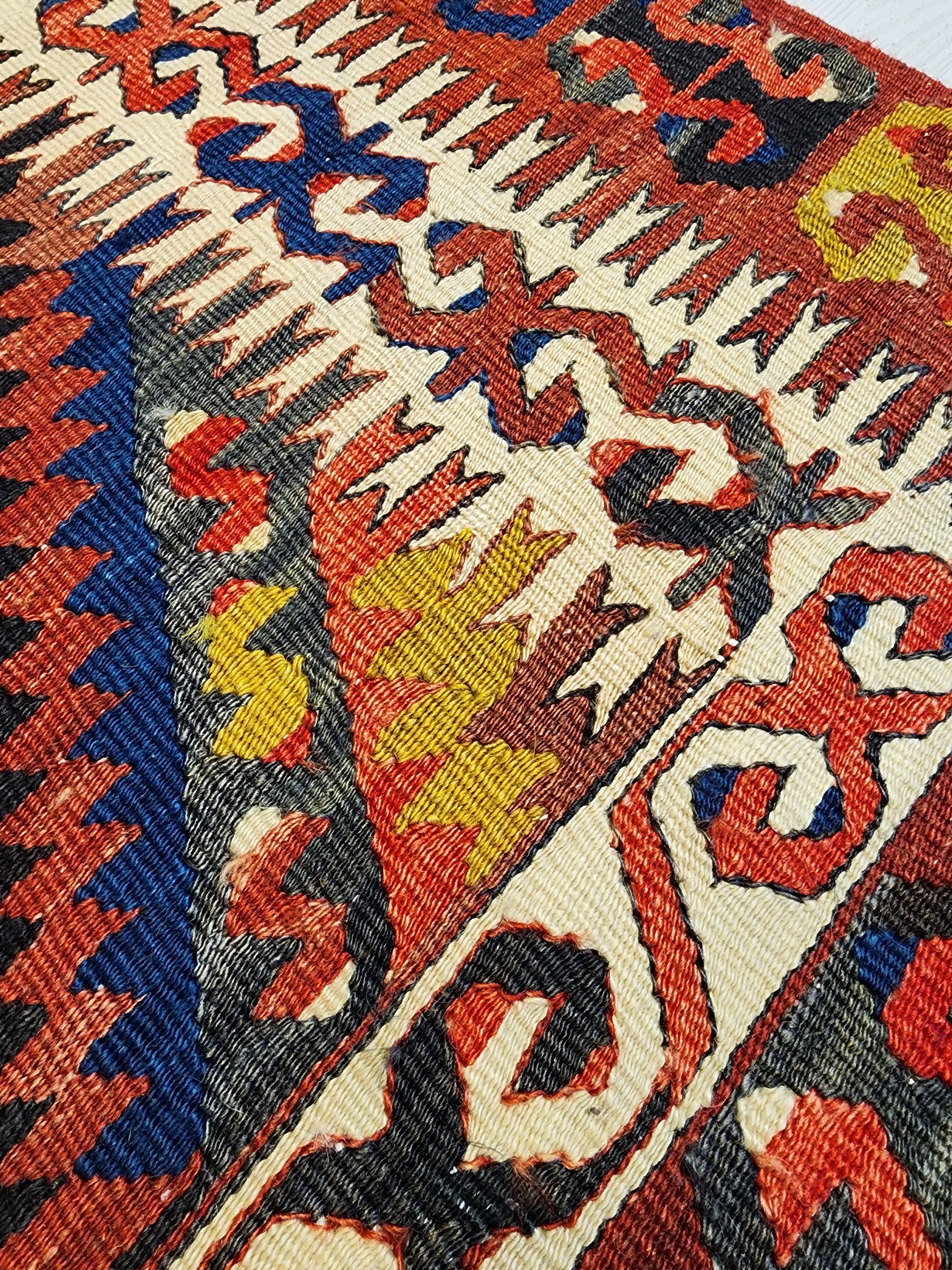 Vintage Fethiye Kilim Rug, Handwoven Turkish Wool Tribal Rug, Red Blue Geometric (5'10'' x 9'3'')