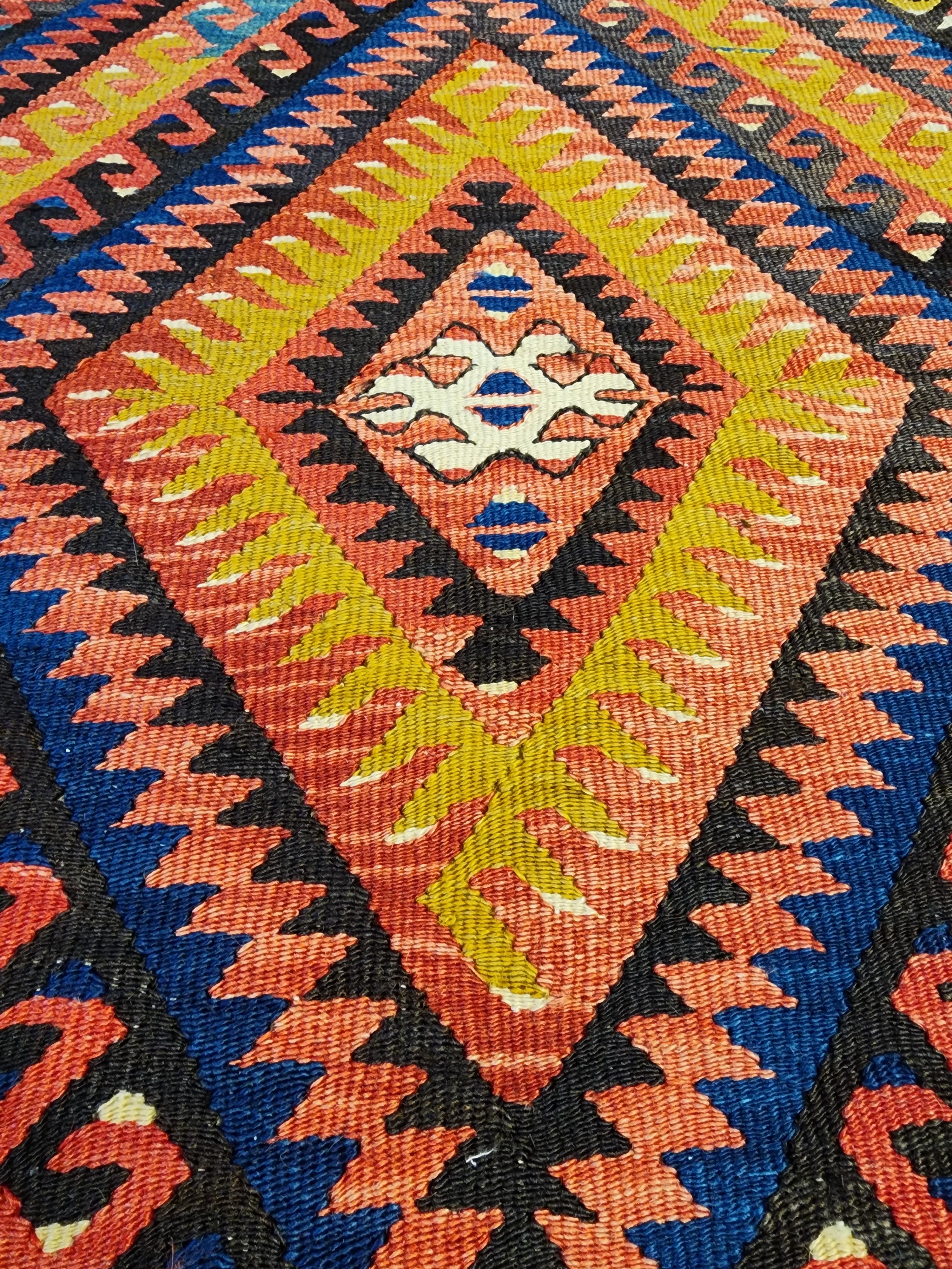 Vintage Fethiye Kilim Rug, Handwoven Turkish Wool Tribal Rug, Red Blue Geometric (5'10'' x 9'3'')