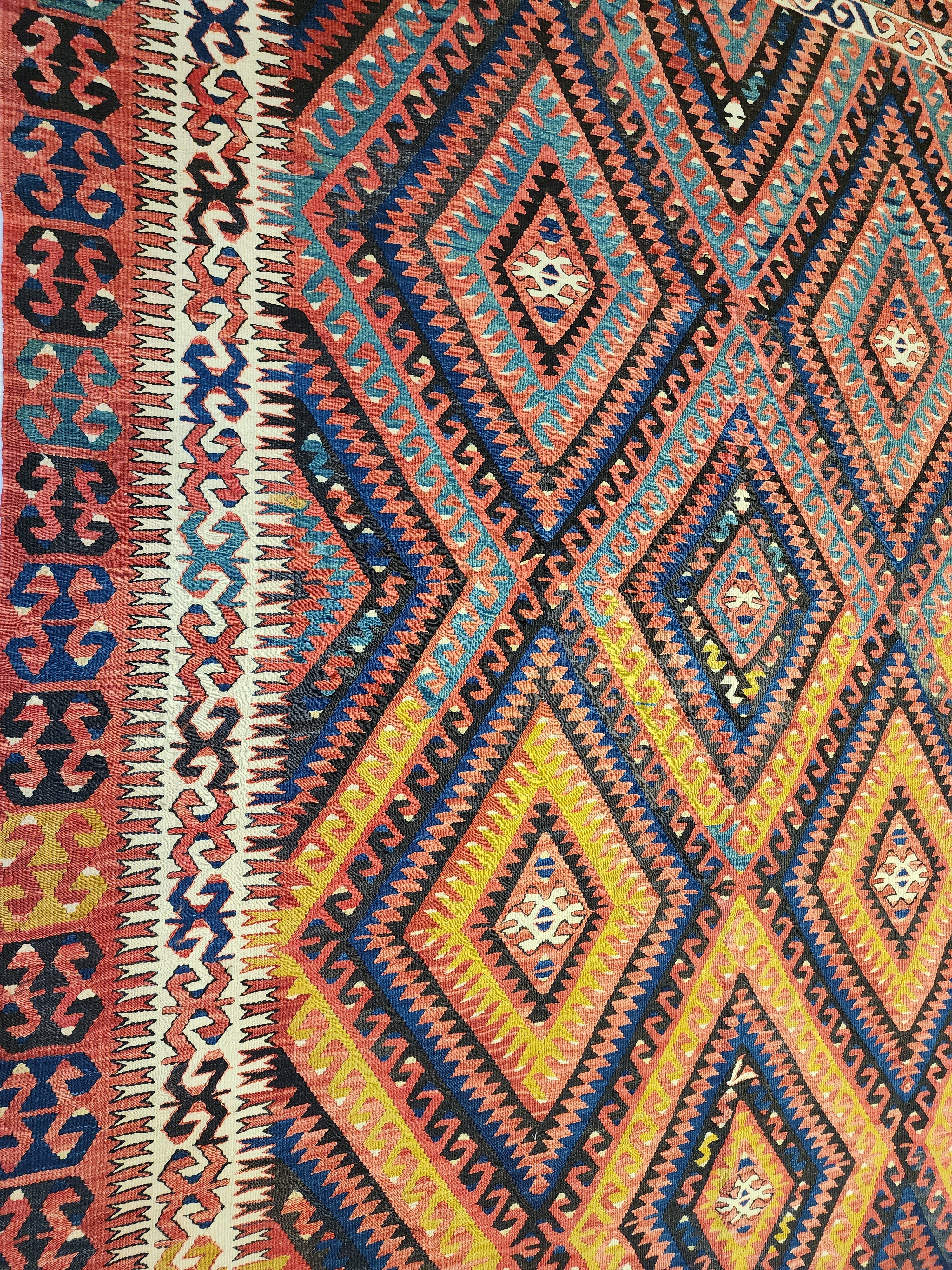 Vintage Fethiye Kilim Rug, Handwoven Turkish Wool Tribal Rug, Red Blue Geometric (5'10'' x 9'3'')