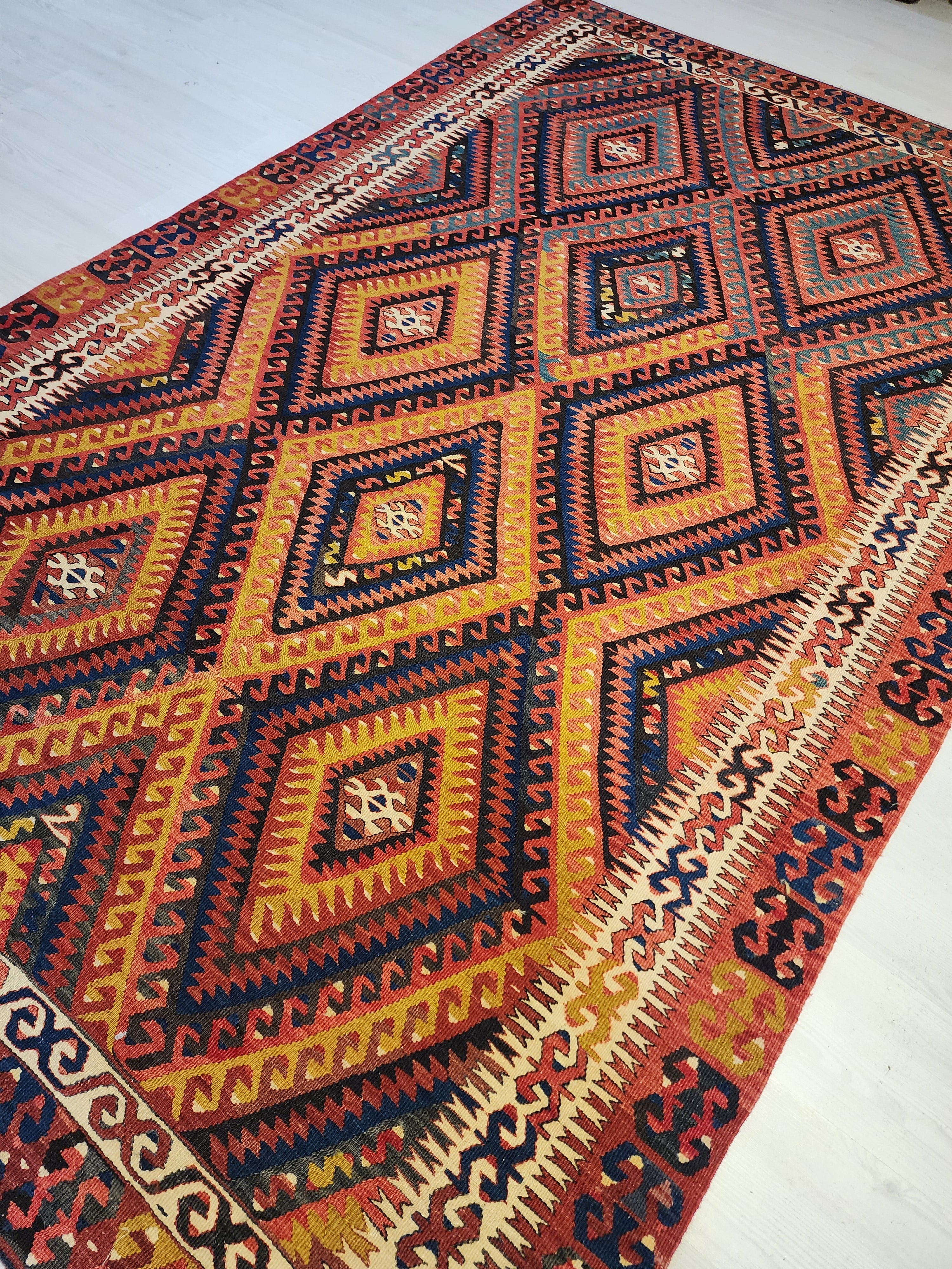Vintage Fethiye Kilim Rug, Handwoven Turkish Wool Tribal Rug, Red Blue Geometric (5'10'' x 9'3'')