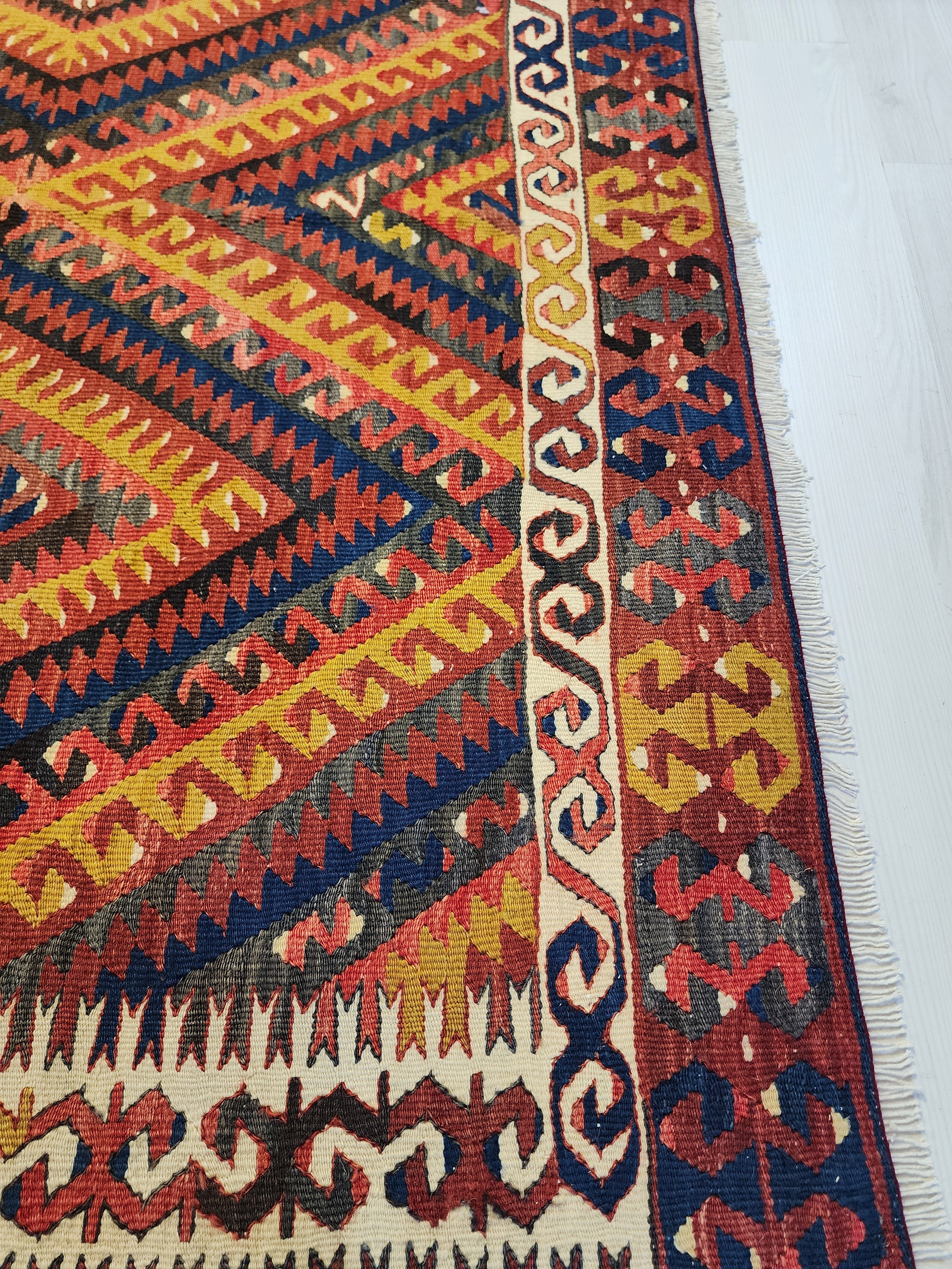 Vintage Fethiye Kilim Rug, Handwoven Turkish Wool Tribal Rug, Red Blue Geometric (5'10'' x 9'3'')
