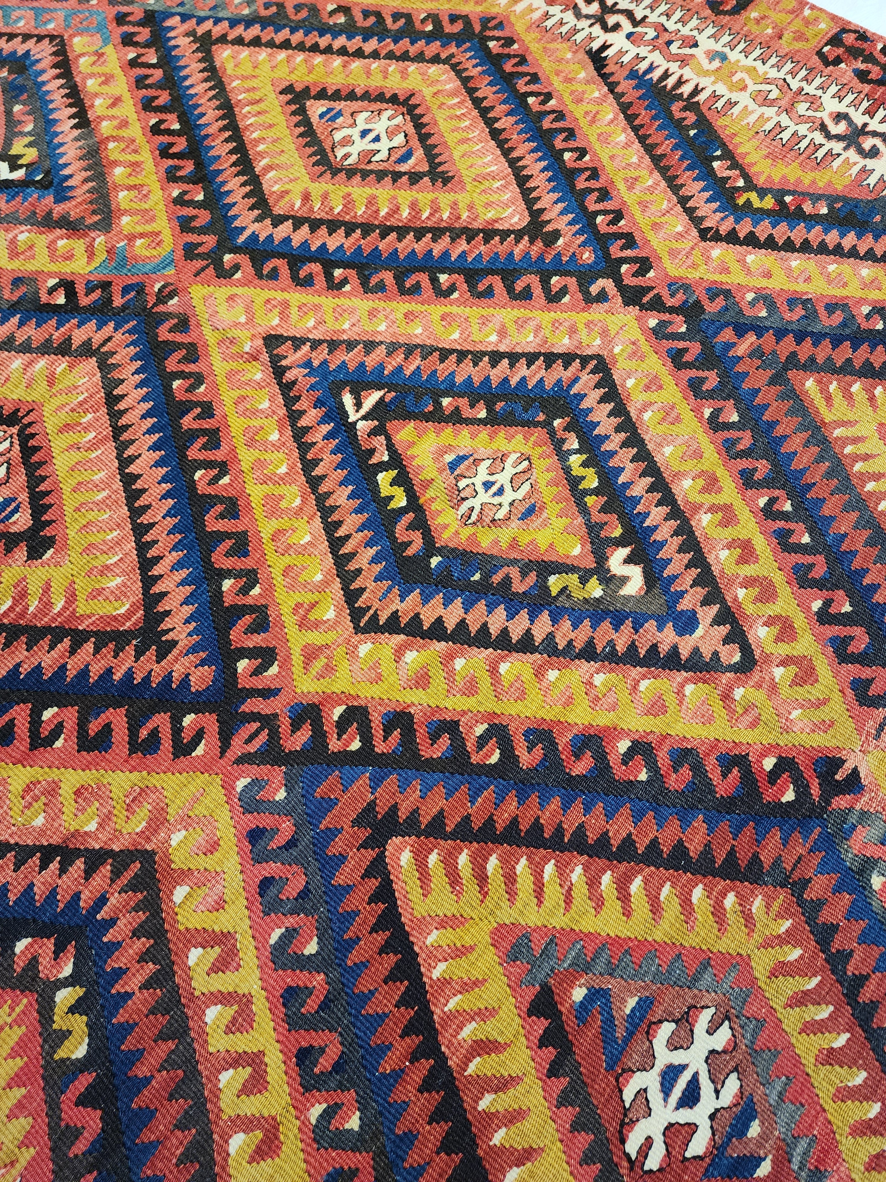 Vintage Fethiye Kilim Rug, Handwoven Turkish Wool Tribal Rug, Red Blue Geometric (5'10'' x 9'3'')