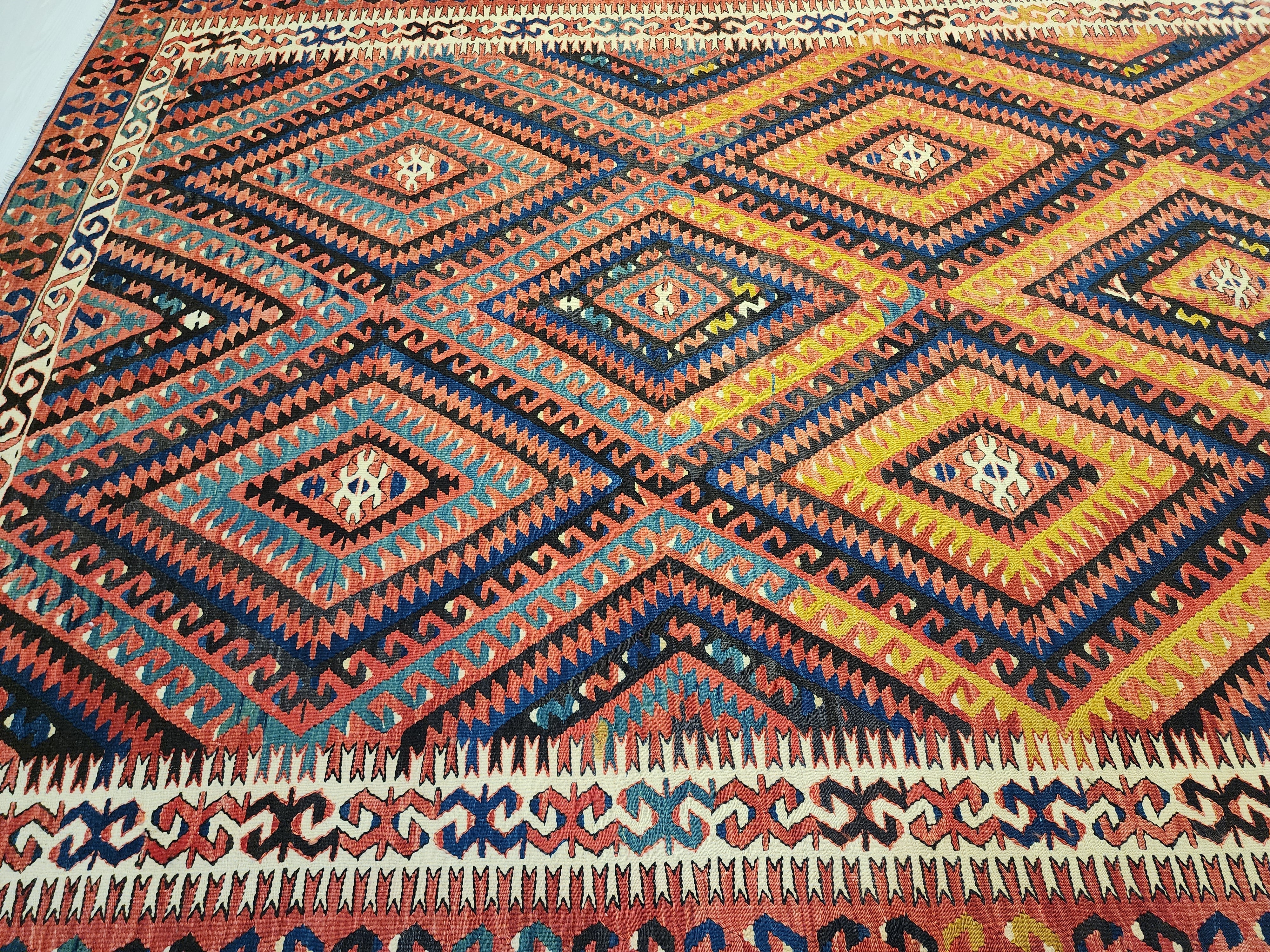 Vintage Fethiye Kilim Rug, Handwoven Turkish Wool Tribal Rug, Red Blue Geometric (5'10'' x 9'3'')