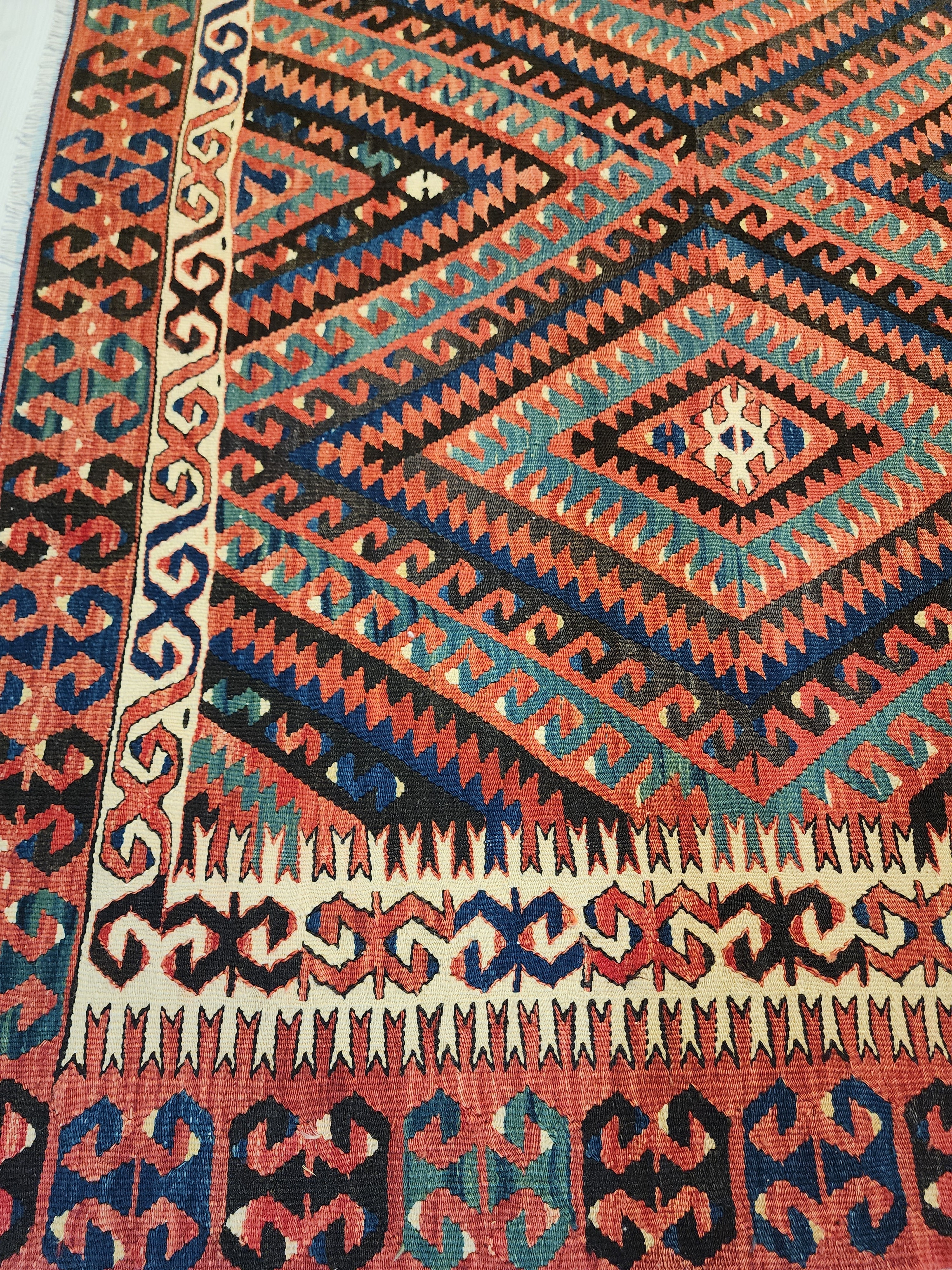 Vintage Fethiye Kilim Rug, Handwoven Turkish Wool Tribal Rug, Red Blue Geometric (5'10'' x 9'3'')